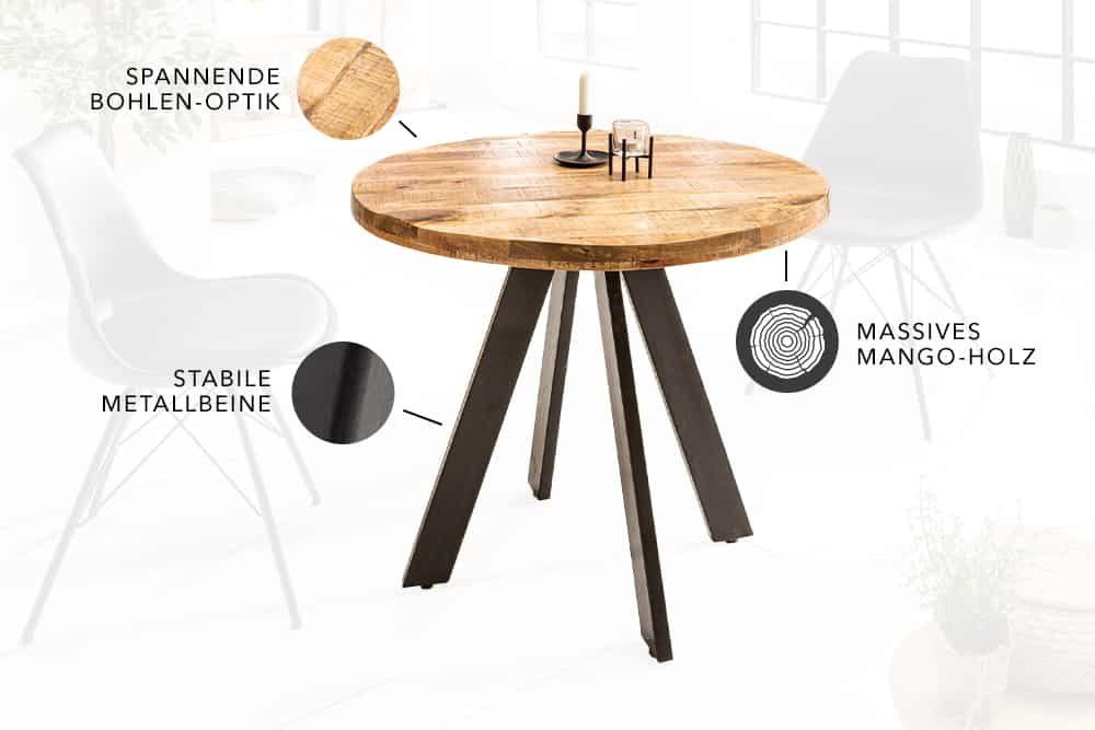 riess-ambiente Esstisch IRON CRAFT 80cm natur/schwarz - Mango-Massivholz, Eisen-Beine, rund, Industrial Design & bis zu 3 Personen – ideal für Dein Loft-Esszimm – Bild 4 von 5