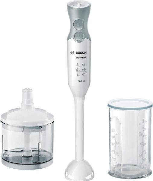 BOSCH Stabmixer ErgoMixx MSM66020, inkl. Zerkleinerer & Becher, 4 Klingen, 12 Stufen, 600 W, ergonomisches Design, made in Europe, weiß/grau