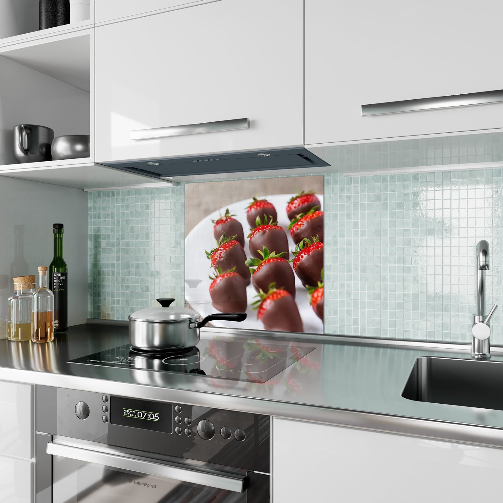 Primedeco Küchenrückwand Küchenrückwand Spritzschutz Glas Motiv Schokoladenerdbeeren Viele mit