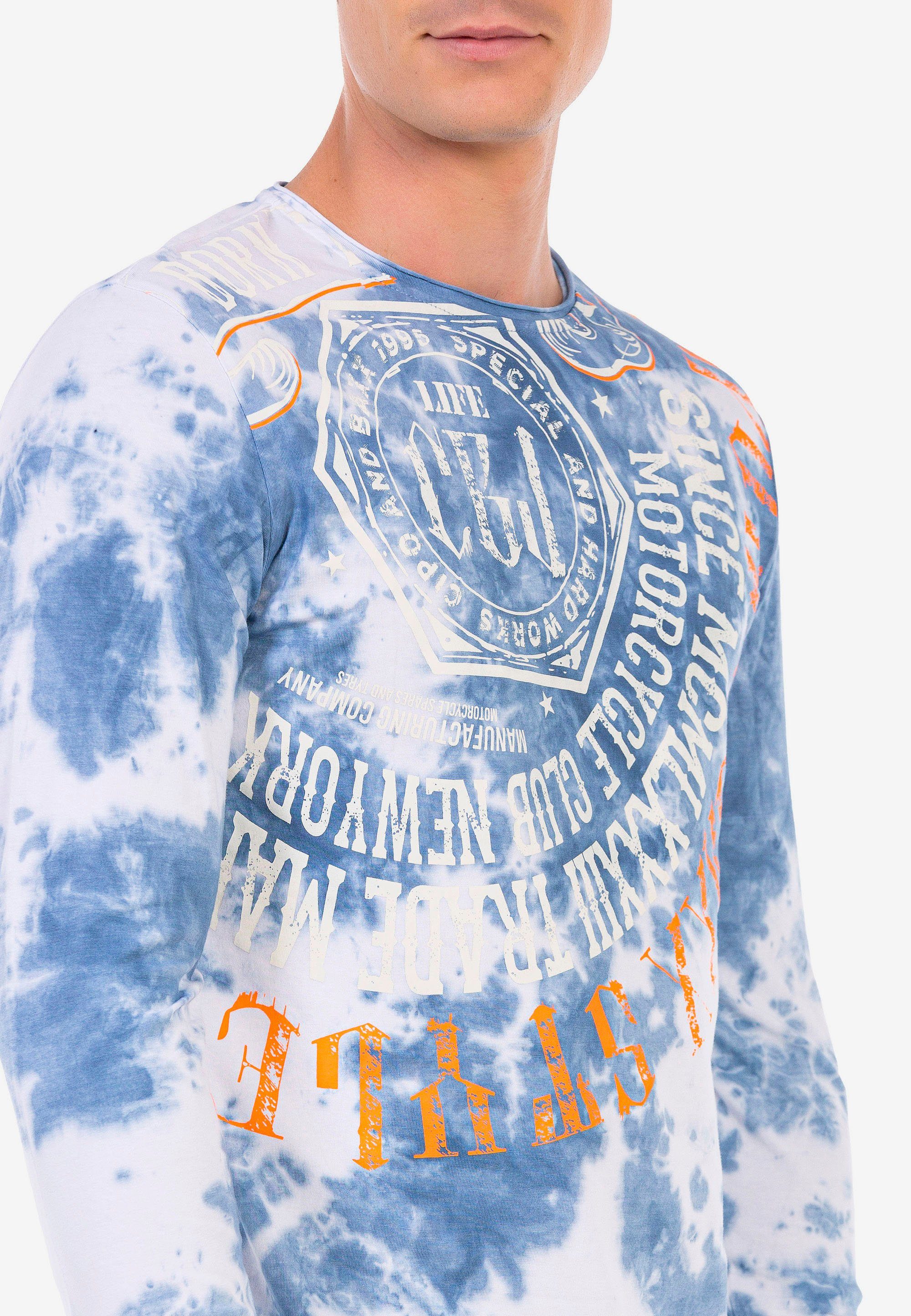 blau mit & Baxx Langarmshirt trendigem Cipo Frontprint