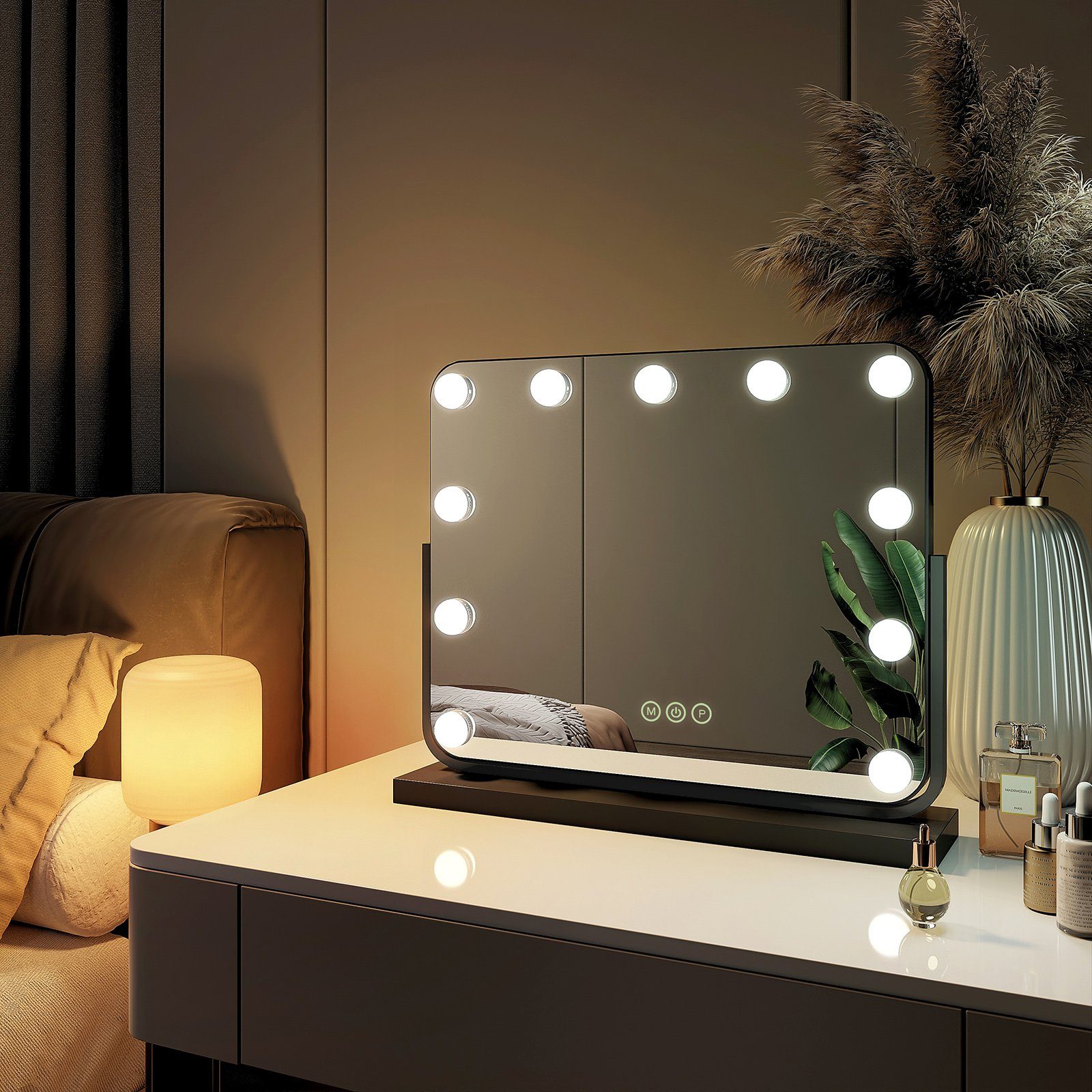 EMKE Kosmetikspiegel Hollywood Spiegel mit Beleuchtung 360 ° Drehbar Tischspiegel, 3 Farbe Licht,Dimmbar,Speicherfunktion,7 x Vergrößerungsspiegel Schwarz