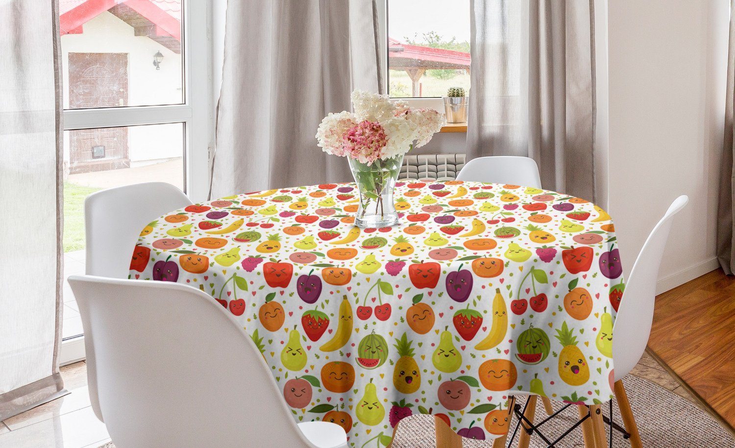 Abakuhaus Tischdecke Kreis Tischdecke Abdeckung für Esszimmer Küche Dekoration, Früchte Banane Lächeln Kinder Theme
