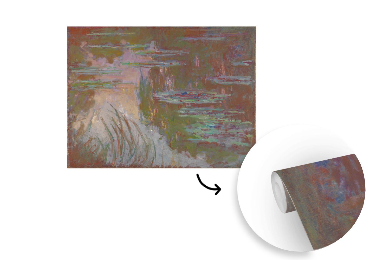 Vinyl bei Wandtapete Claude - bedruckt, Fototapete Wohnzimmer, Gemälde St), Monet, für (5 Matt, Seerosen Sonnenuntergang von MuchoWow Tapete Montagefertig