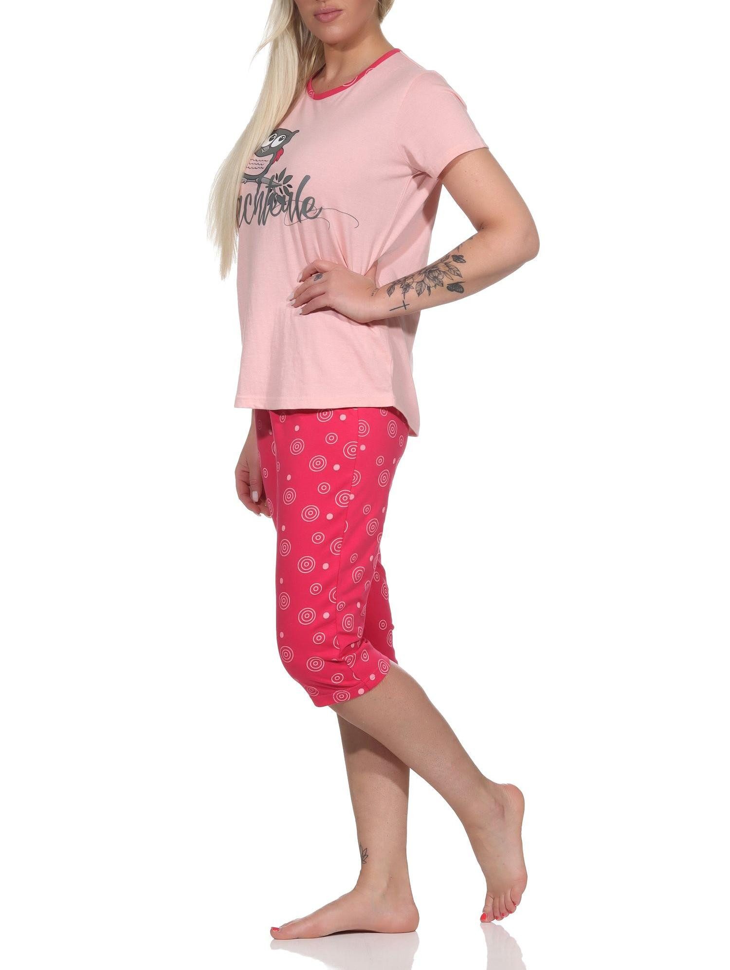 Normann Pyjama Damen kurzarm Capri Schlafanzug mit süßem Eulen-Motiv "Nachteule"