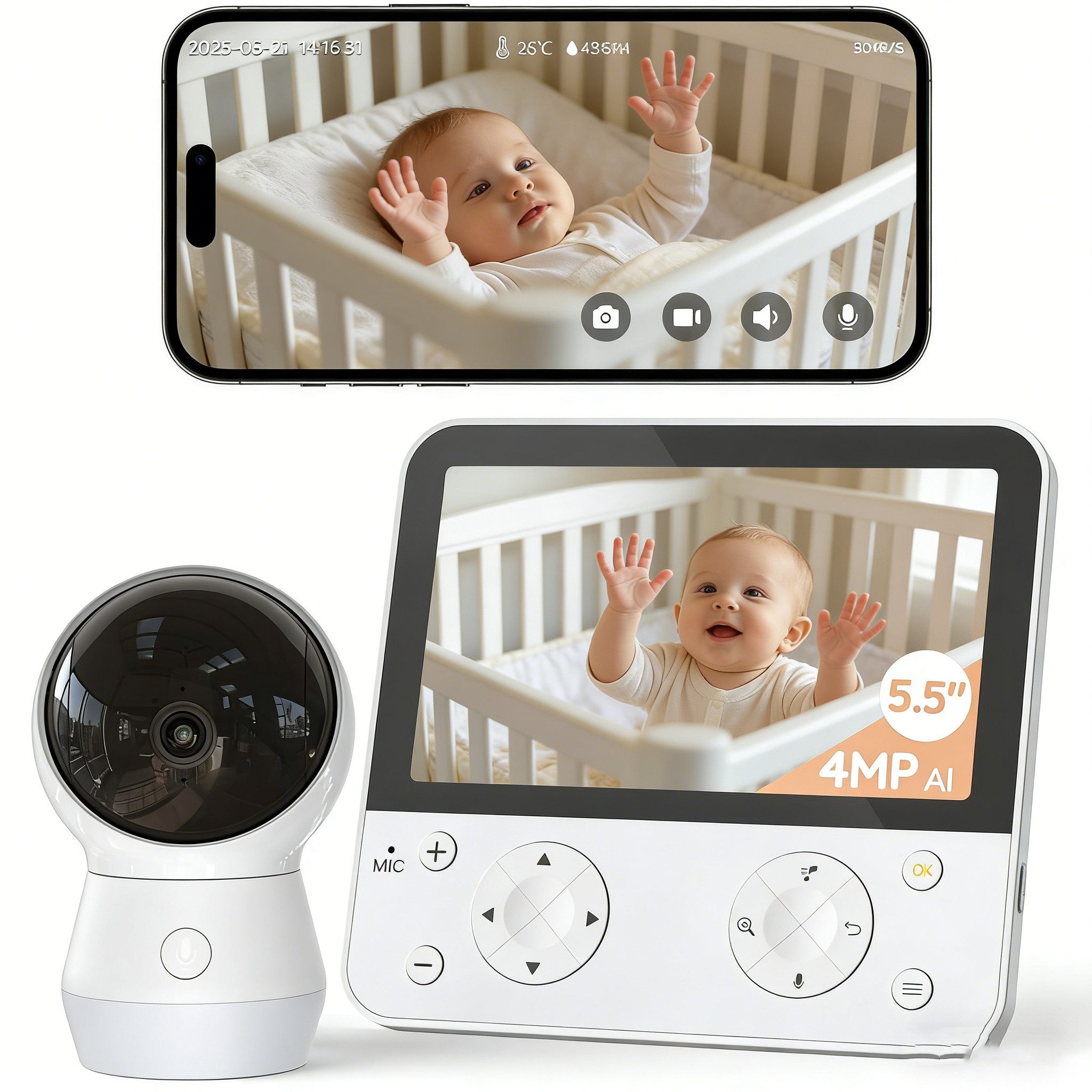 TWUFY Babyphone Babyphone mit Kamera und Nachtsicht 5,5-Zoll-WLAN-Video-Babyfon, Gegensprechfunktion, Schrei-/Bewegungserkennung, Temperaturerkennung, PTZ, Mobile App, 2,4G- und 5G-WLAN + Bluetooth 5.0 IR/RBG Nachtsicht