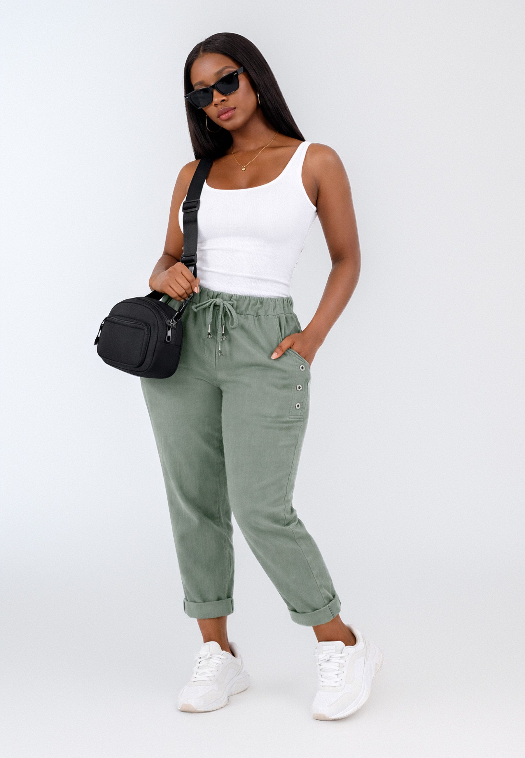 YC Fashion & Style Jogger Pants Sommerhose mit Elastikbund & Zierknöpfen – günstig online kaufen