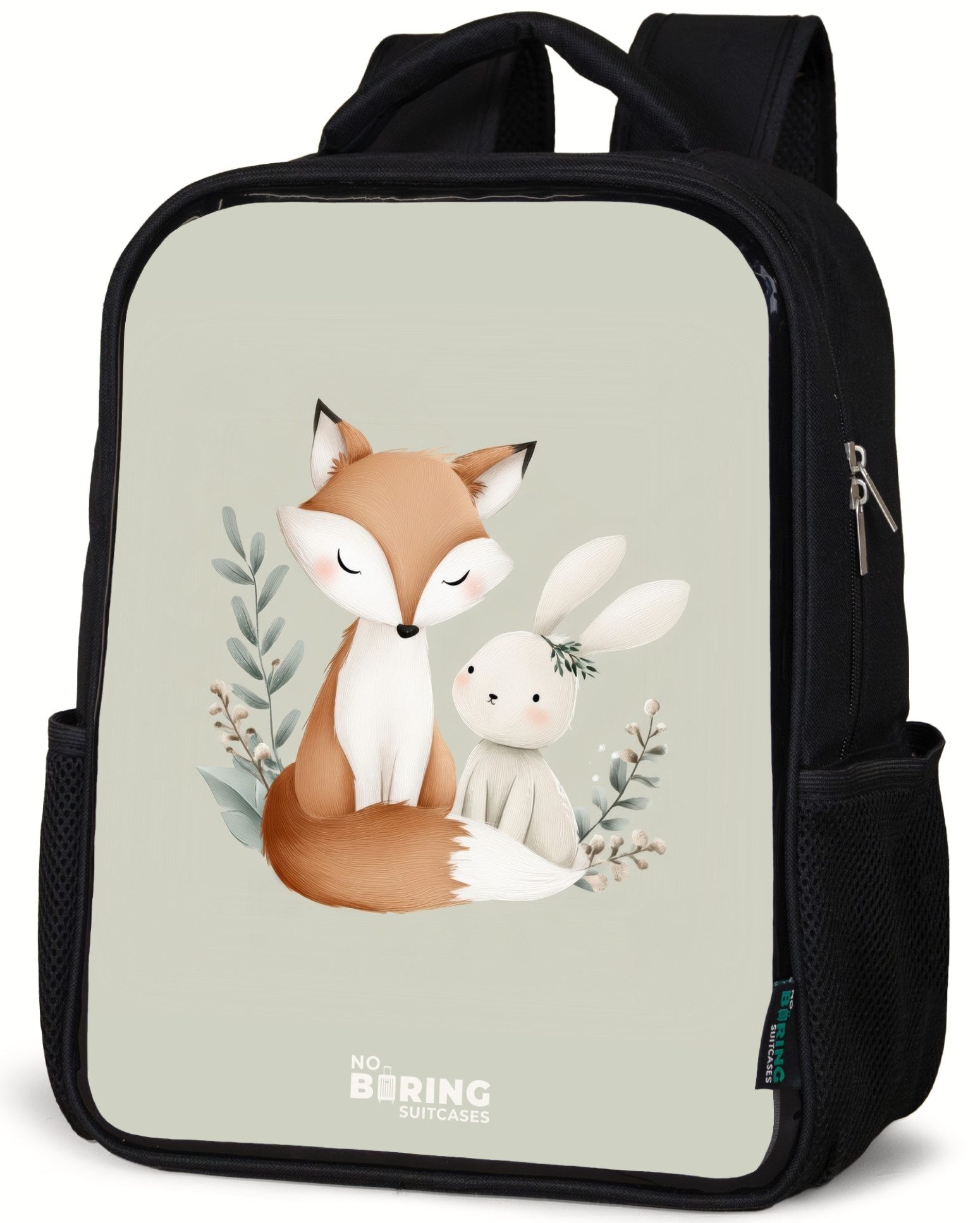 Rucksack Fuchs und Kaninchen umgeben von grünen Blättern