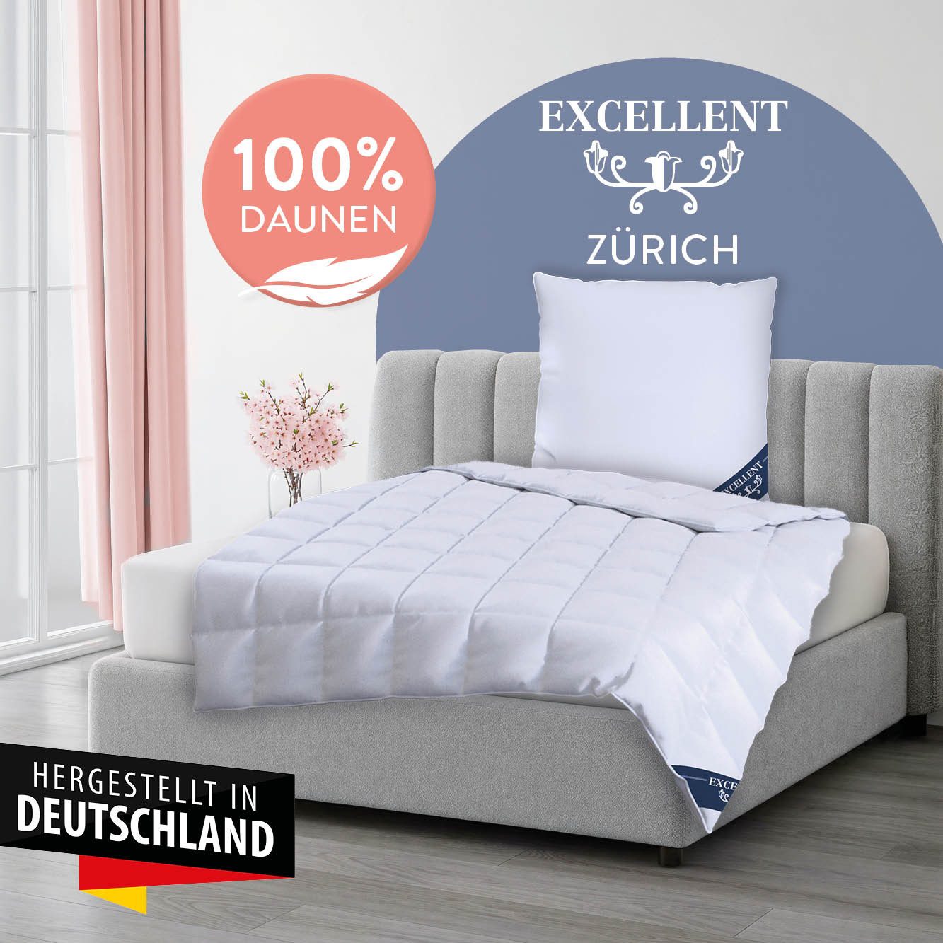 Excellent Daunenbettdecke Zürich, Bettdecke normal mit Bestnote "Hoher Schlafkomfort" bewertet., Füllung: 100% Daunen, Bezug: 100% Baumwolle, Bettdecke 135x200  – Bild 2 von 5