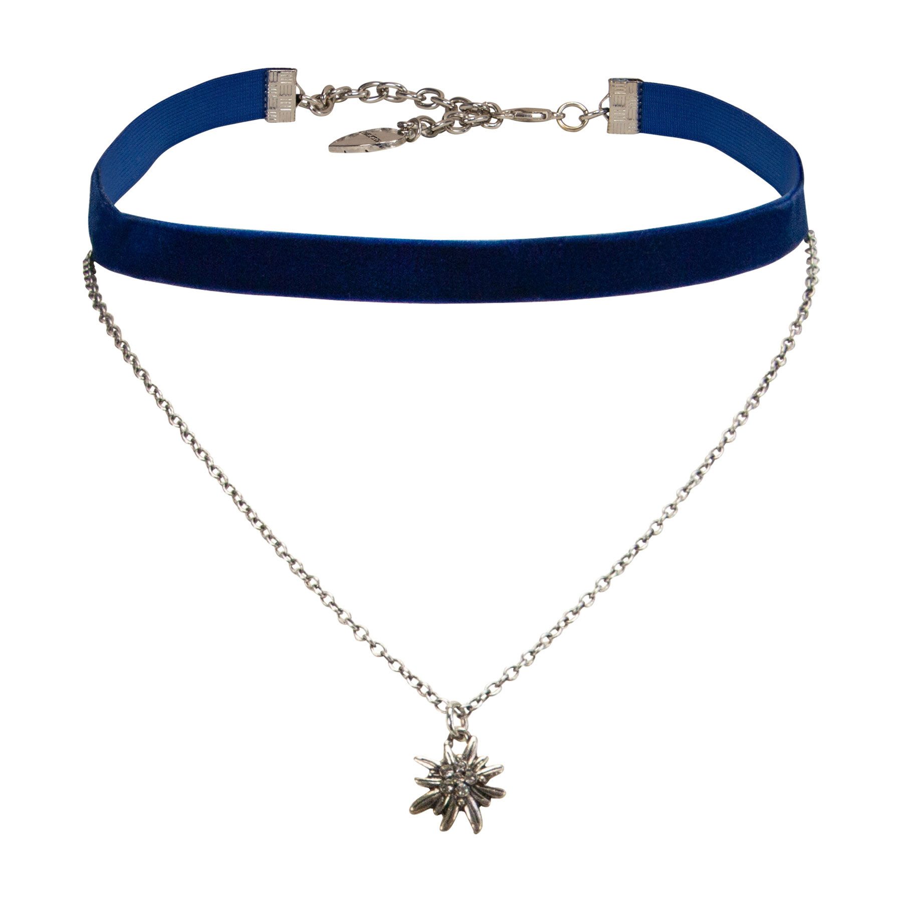 Valentinstagsgeschenk Alpenflüstern Choker Trachten-Samt-Kropfband Strassedelweiss-Kette (blau), - nostalgische Trachtenkette enganliegend, Kropfkette