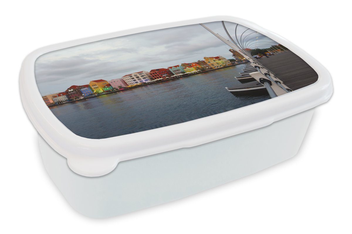 MuchoWow Lunchbox Brücke mit Erwachsene, (2-tlg), Curaçao, Jungs Mädchen Kinder für weiß und Willemstad, Stadt Kunststoff, Blick für die und Brotbox auf Brotdose