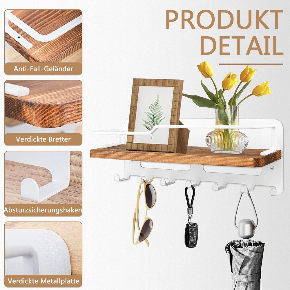 TUWENA Wandhaken Schlüsselbrett Holz mit Ablage, Schlüsselablage Wand mit 7 Haken, Schlüsselbrett Organizer für Eingang, Flur, Schlafzimmer, Wohnzimmer