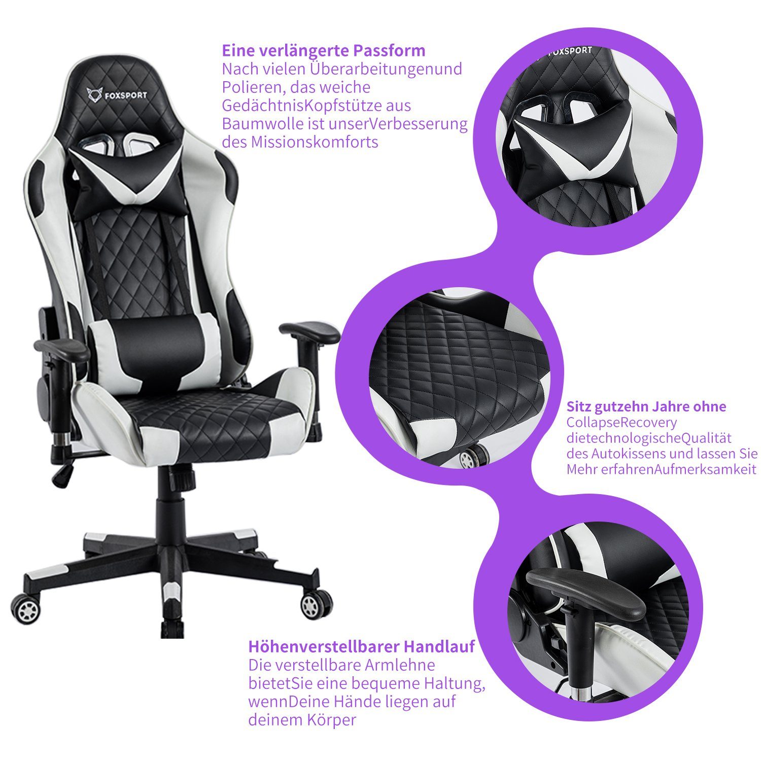 Gaming-Stuhl Rückenlehne, (Professioneller Stoßdämpfendes weiß Gamingstuhl), IKIDO Spielestuhl Kissen Ergonomischer Ergonomischer Verstellbare Rahmen,