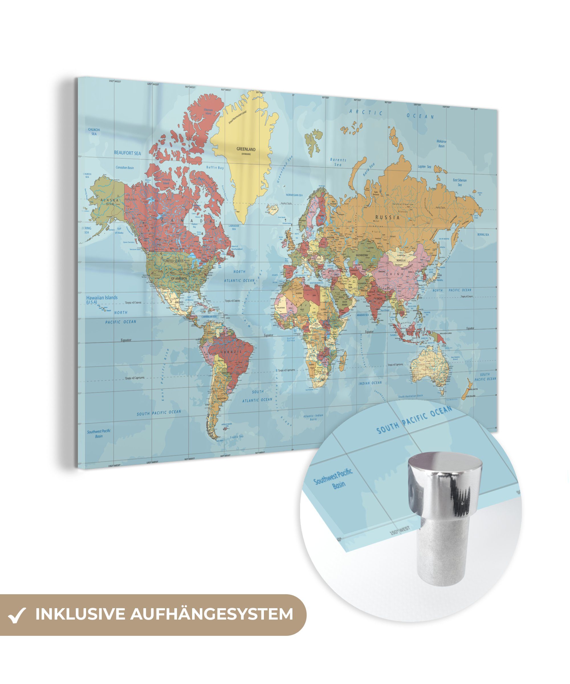 MuchoWow Acrylglasbild Karte - Welt - Farben, (1 St), Glasbilder - Bilder auf Glas Wandbild - Foto auf Glas - Wanddekoration