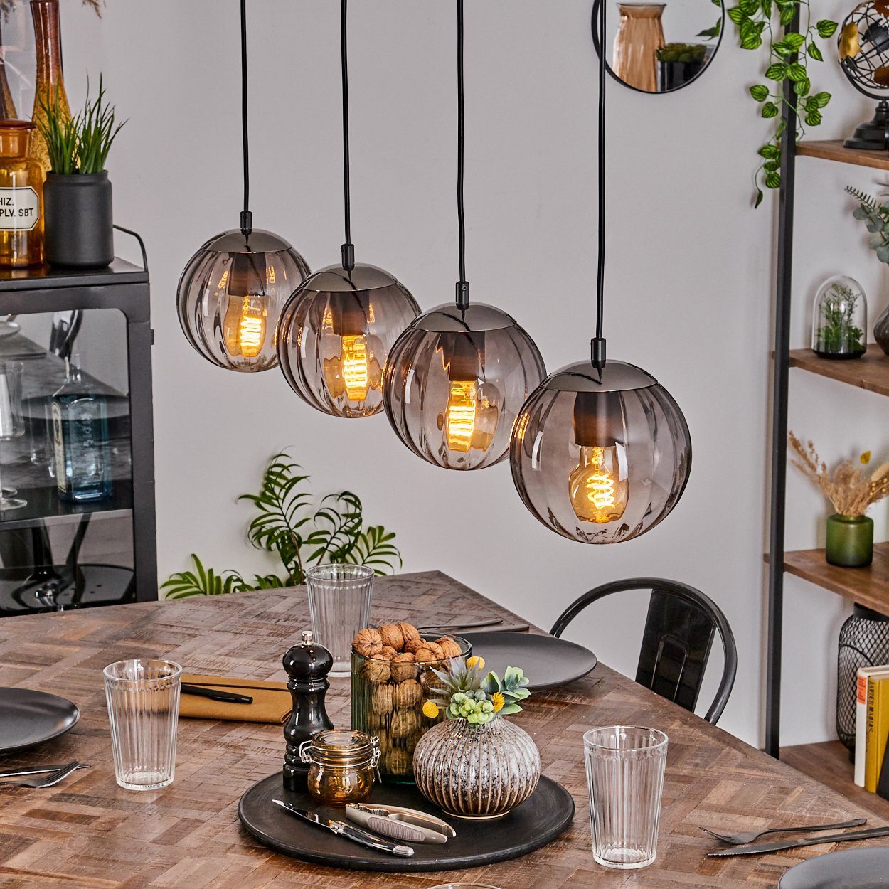 hofstein Hängeleuchte Hängelampe aus Metall/Riffelglas in Schwarz/Rauchfarb günstig online kaufen