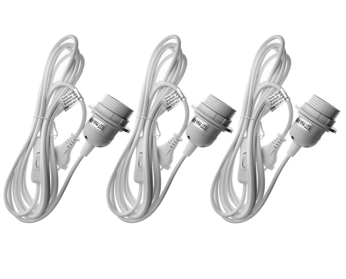 TRANGO LED Pendelleuchte, 3er Pack 1011-350W Лампыfassung mit ON/OFF Schalter - E27 Fassung weiß mit 3,5m Netzkabel I Schraubring I Schalter, Лампыaufhängung I Pendelleuchte I Hängeleuchte