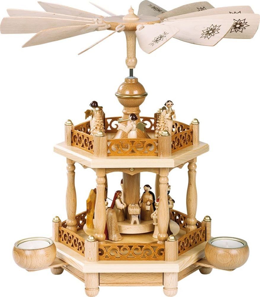 Richard Glaesser Weihnachtspyramide Teelichtpyramide Heilige Familie natur, Höhe ca. 35 cm, Handwerkskunst aus dem Erzgebirge