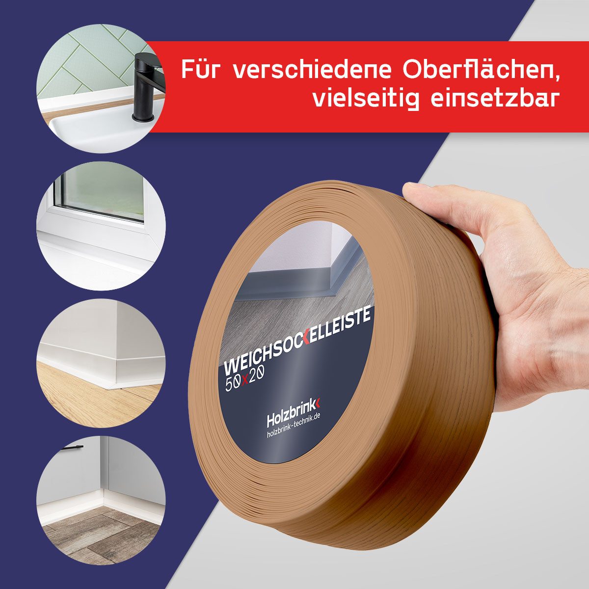 HOLZBRINK Sockelleiste HOLZBRINK selbstklebend PVC 50x20mm, 1 m, L: 100 cm, 1m Rolle, Küchenleiste Abschlussleiste für Badezimmer Farbe: Eiche hell – Bild 3 von 5