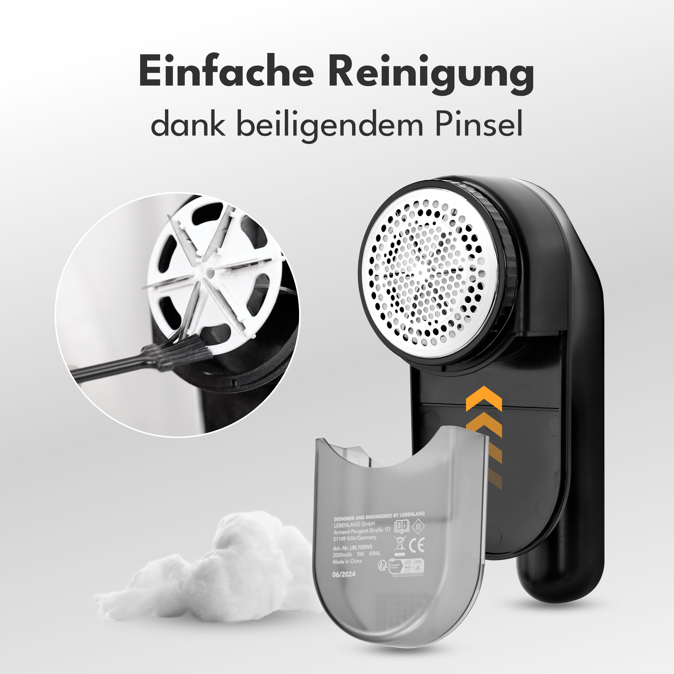 Lebenlang Fusselrasierer Elektrisch - 2000mAh & 2h Laufzeit mit LED-Anzeige & Reinigungspinsel, 3 Ersatzklingen, 6,5cm Schneidekopf, Inkl. Ladekabel & kurze Lad – Bild 5 von 5