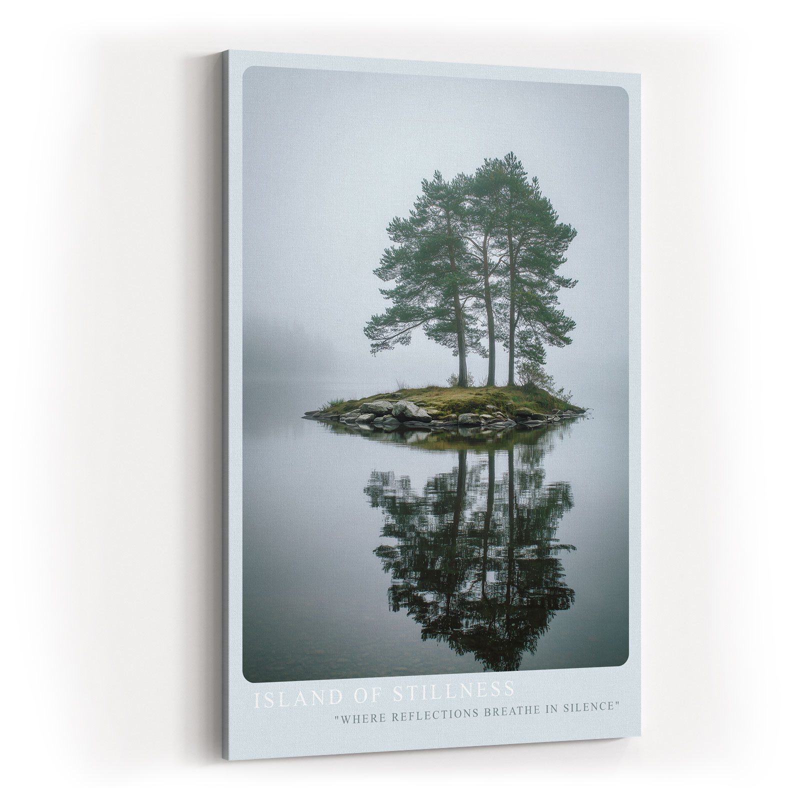 Sinus Art Leinwandbild Insel Nebel See Spiegelung Minimalismus Grau Grün Natur Ruhe Stille