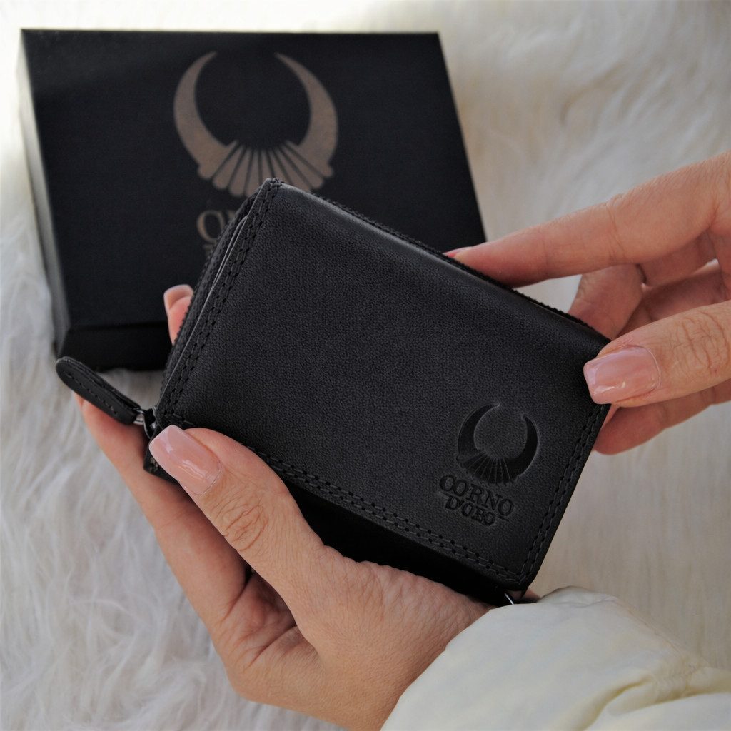 Corno d´Oro Geldbörse Damen Echt Leder klein Handmade Geldbeutel mit RFID Schutz, kompakter Geldbeutel für 5 Karten; Münzfach; Geschenkkarton