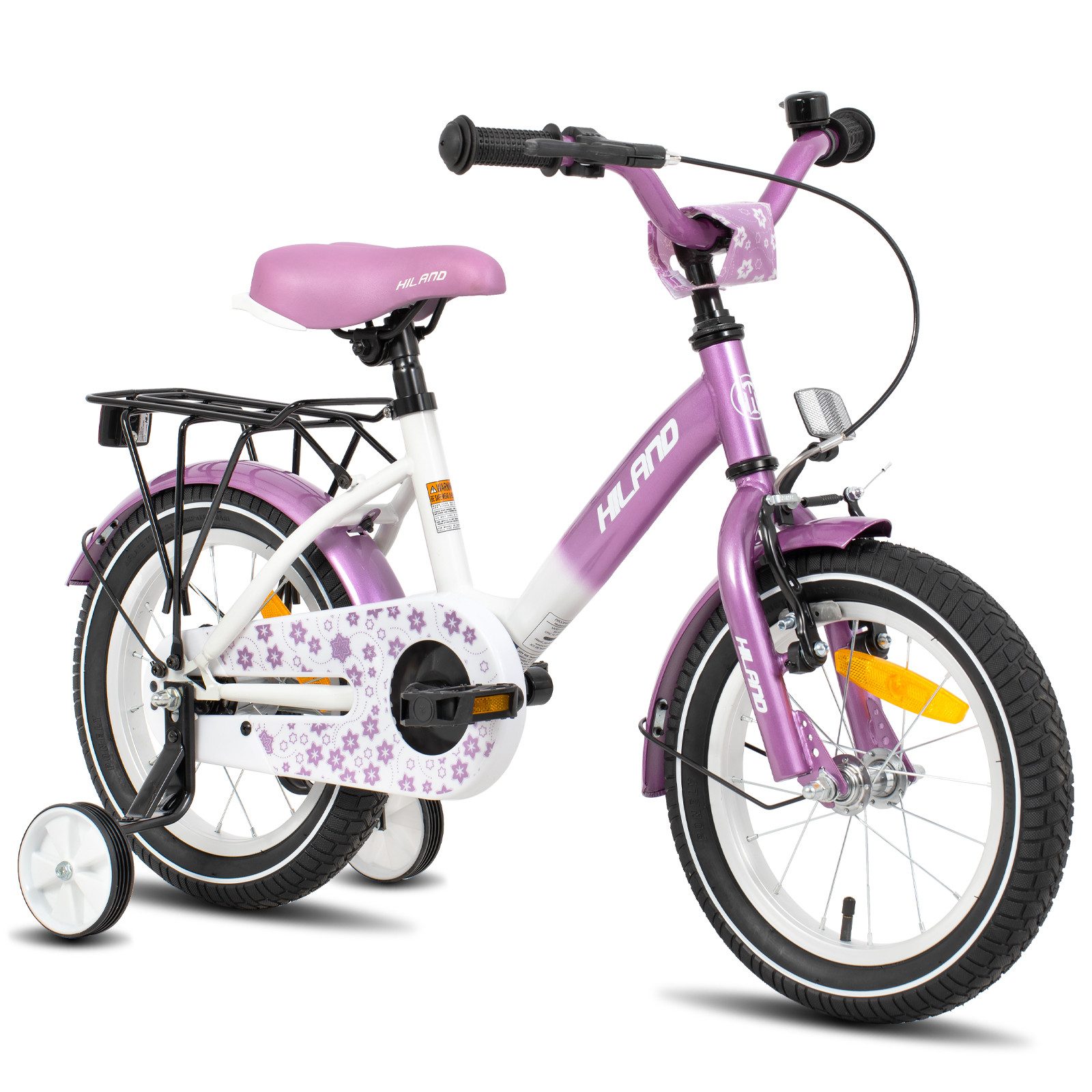 HILAND Kinderfahrrad Starry 12/14/16 Zoll Mädchenfahrrad, 1 Gang, Mit Handbremse, Rücktrittbremse, Gepäckträger, Kotflügel, Hilfsrad