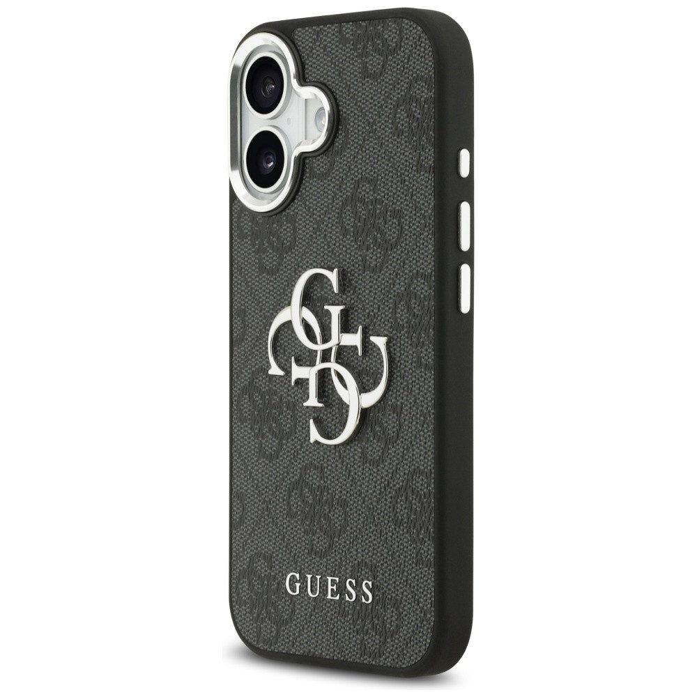Guess Handyhülle iPhone 17 Kunstleder grau Big Logo Metall silber. 6,3 Zoll, Kantenschutz
