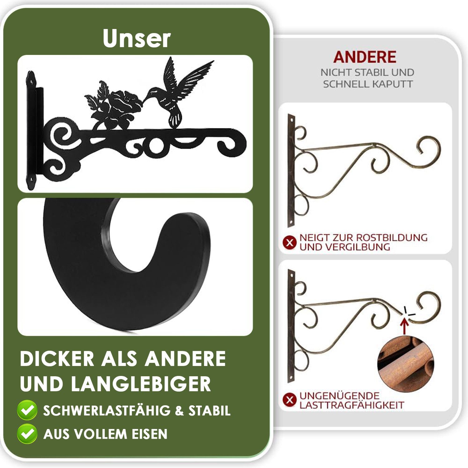 Refined Living Wandhaken 2 Stück Blumenampel Halterung Pflanzenhaken Wandhalterung Wandhalter, (Eisen Blumenampelhalter Hängende Korbhalterung Laternenhaken Wandhaken, 2-St., zum Aufhängen von Pflanzen Pflanzer Vogelhäuschen Laterne Windspiele), Wind-, Regen- und Schneeschutz, Pflanzenwandhaken Garten Balkon Deko