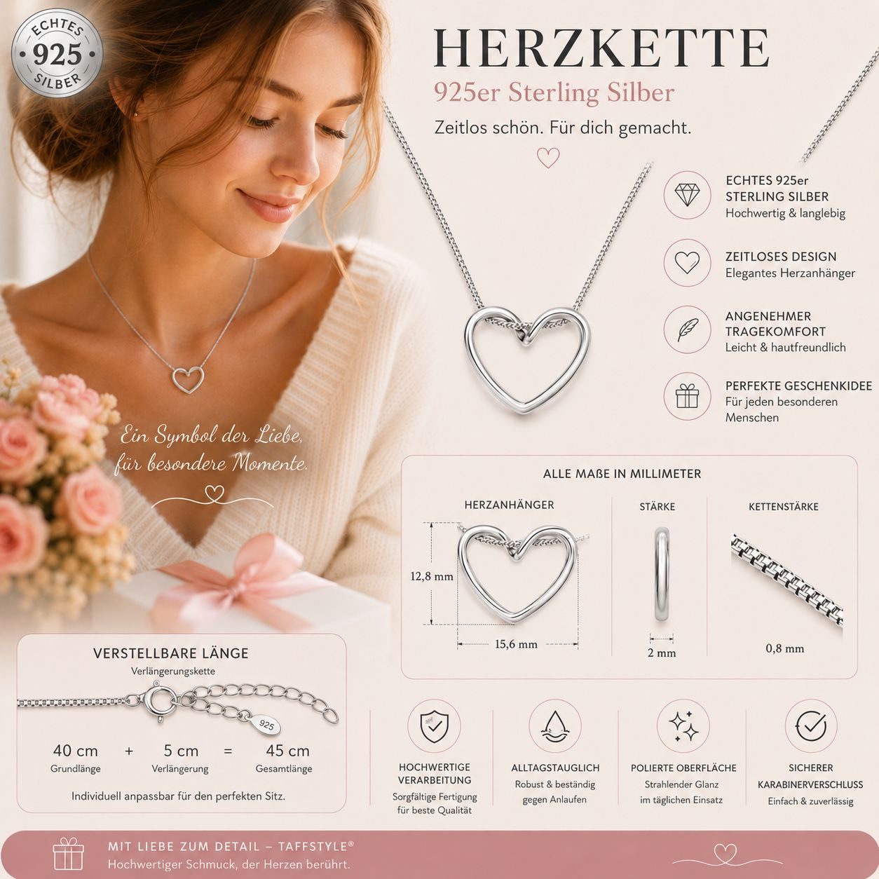 Taffstyle Herzkette Halskette aus 925 Sterling Silber für Damen mit Infinity Herz Anhänger (Edle Halskette mit verschlungenem Herzanhänger – perfekte Geschenkidee)