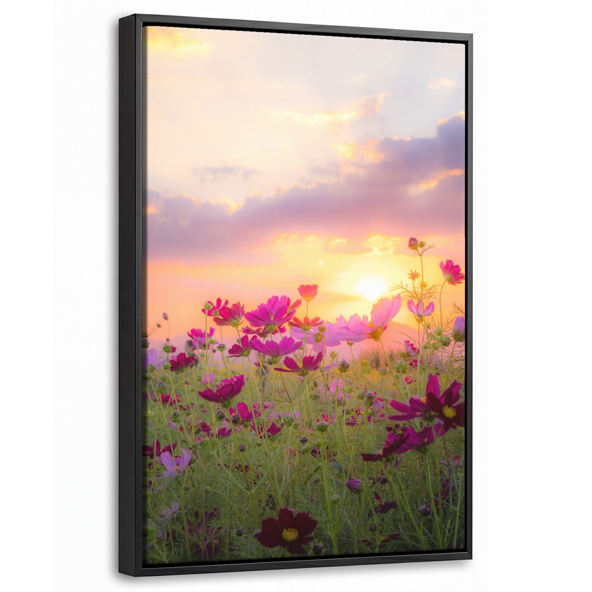 OneMillionCanvasses® Leinwandbild mit Rahmen - Blumen - Rosa - Sonnenuntergang - Natur - Wiese - Horizon, Fotodruck (1 St), Deko für Wohnzimmer Schlafzimmer Küche 20x30cm