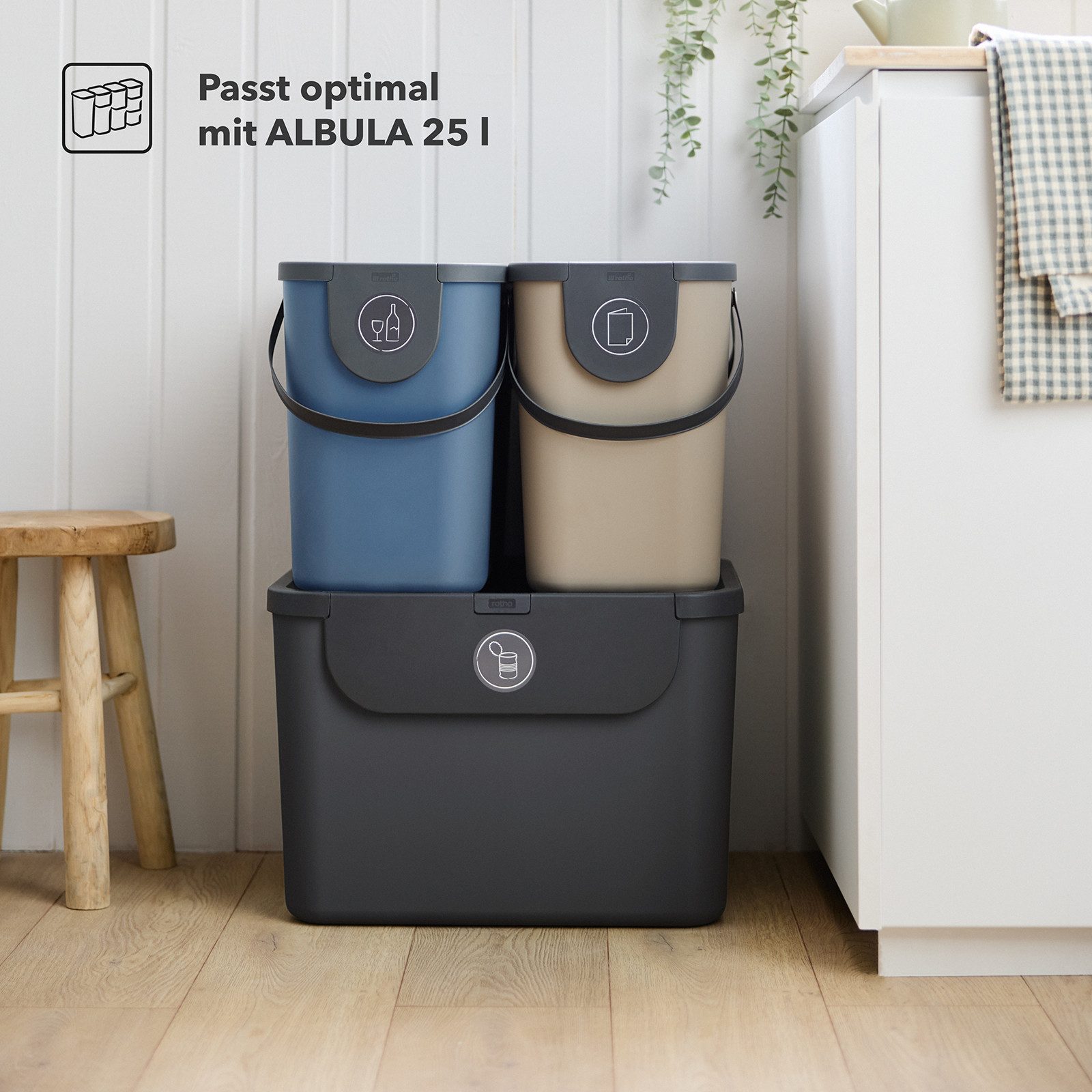 ROTHO Mülltrennsystem ALBULA Mülleimer Set 55 l und 2x25 l Behälter mit Deckel stapelbar, Modulares Mülltrennsystem für flexible Abfallorganisation