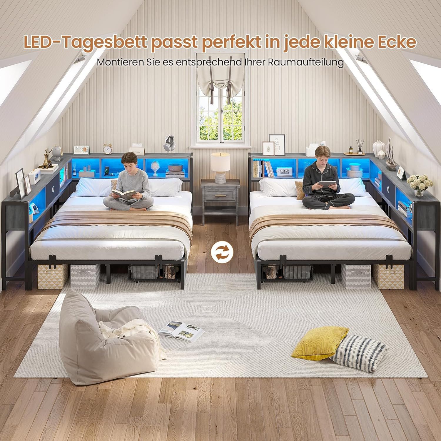 MSMASK Daybett L-Form Schlafsofa mit LED-Beleuchtung und Steckdose, Kinderbett (1 tlg), Jugendbett mit Metallrost, 140x200cm, Grau – Bild 4 von 5
