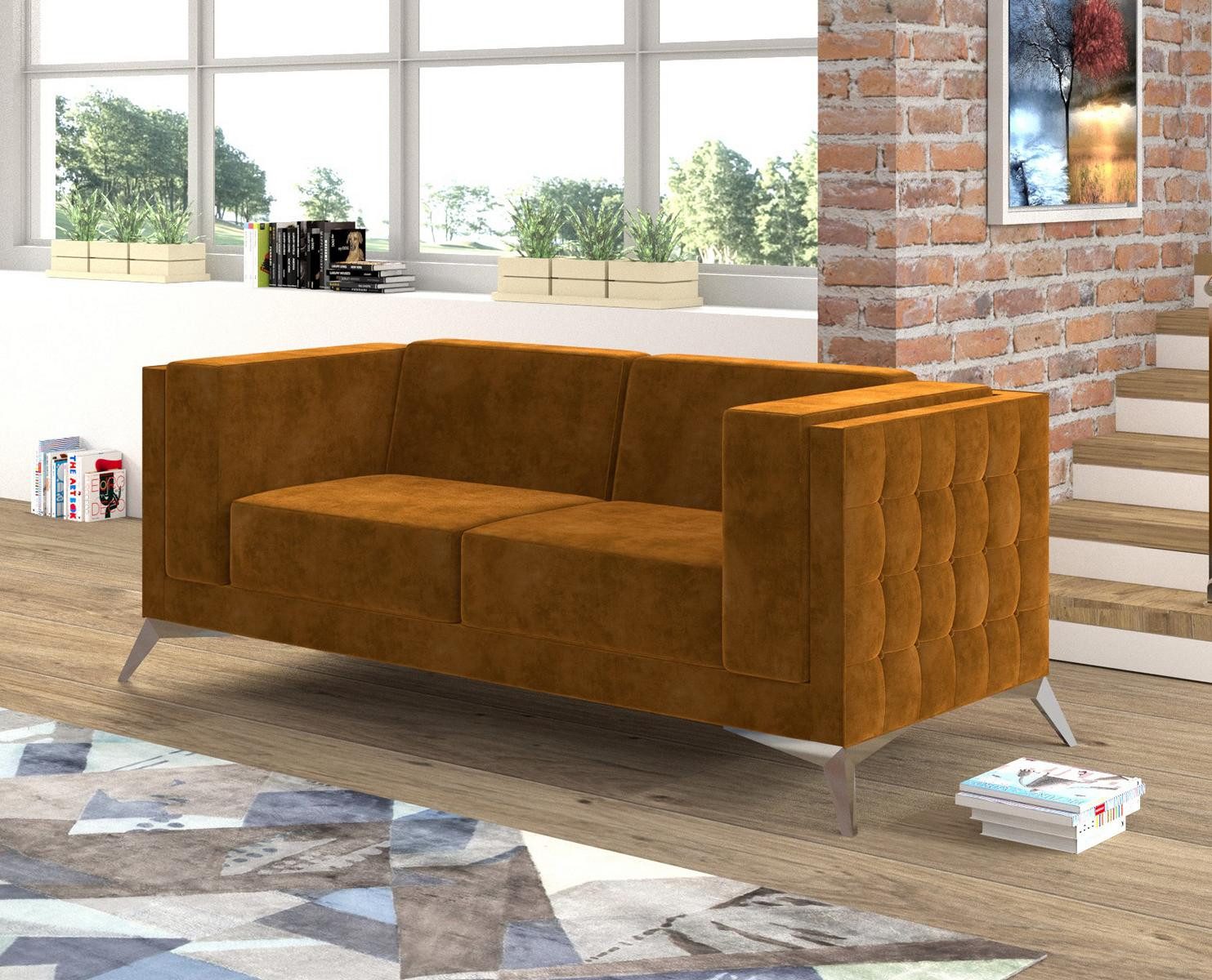 JVmoebel Chesterfield-Sofa Elegantes Sofa aus Stoff in strahlendem Orange mit Edelstahlfüßen, Packung, Made in Europa