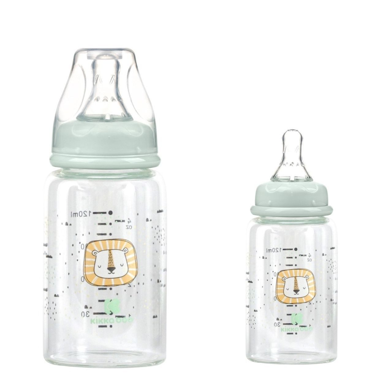 Kikkaboo Babyflasche Baby Glasflasche 120 ml, Savanna Anti-Kolik-Silikonsauger Größe S Deckel