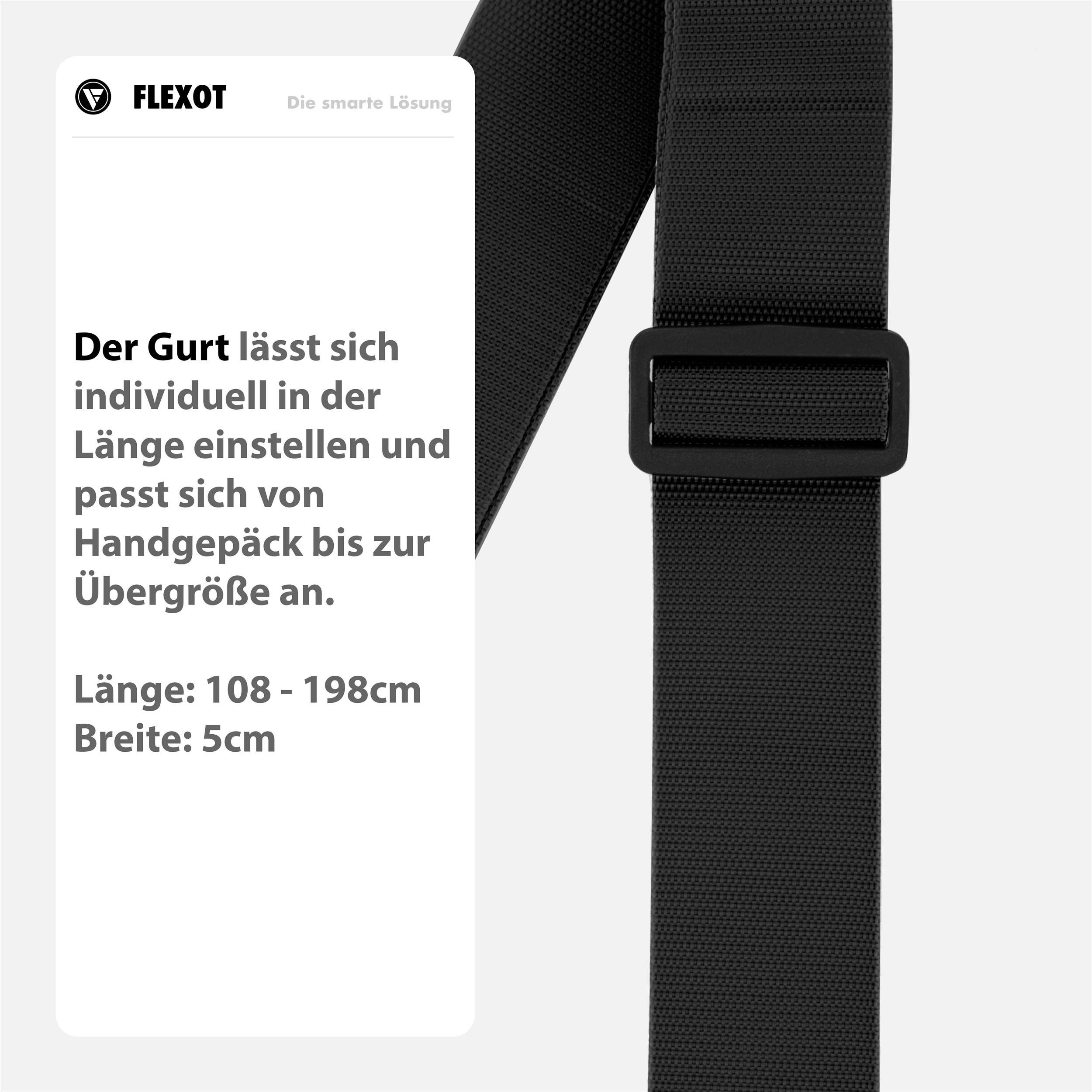 Flexot Koffergurt Koffergurt mit Clip-Schnalle, verstellbare Länge, Namensschild, Flexibel anpassbarer und stabiler Gurt mit praktischer Schnalle