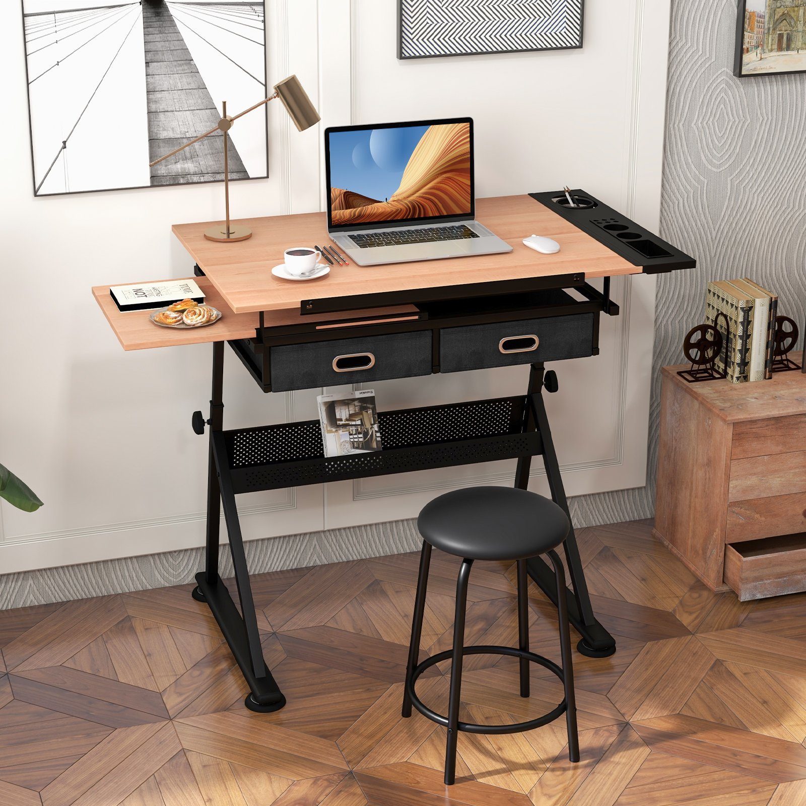 COSTWAY Schreibtisch, höhenverstellbar, neigbar, Hocker Braun+Schwarz & Schubladen mit
