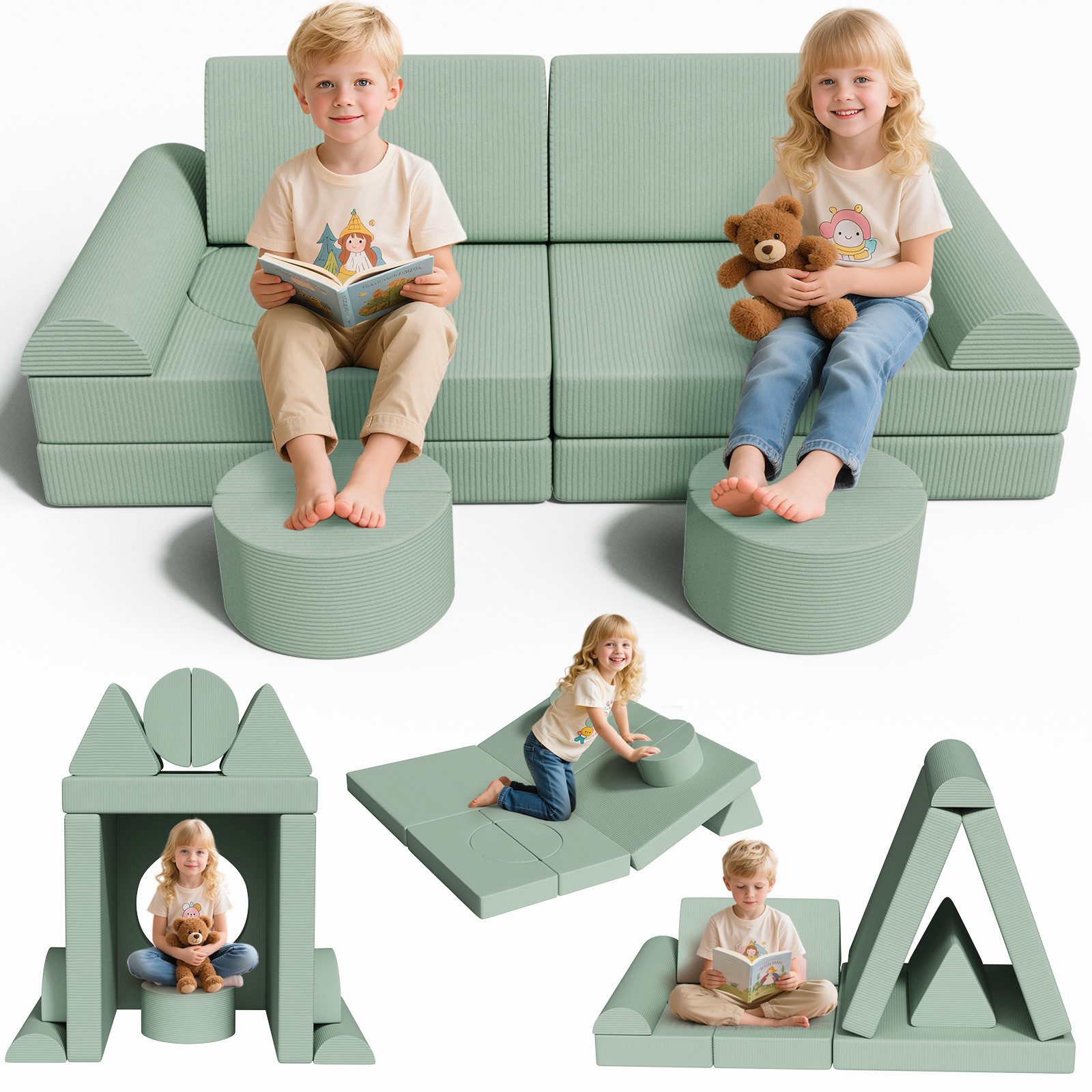 TLGREEN Kindersofa 15-teiliges modulares Kinderspielsofa aus Schaumstoff, abnehmbarer waschbarer Bezug, kinderfreundlich ohne scharfe Kanten, kreative Kuschelecke für Kinderzimmer & Kindergarten