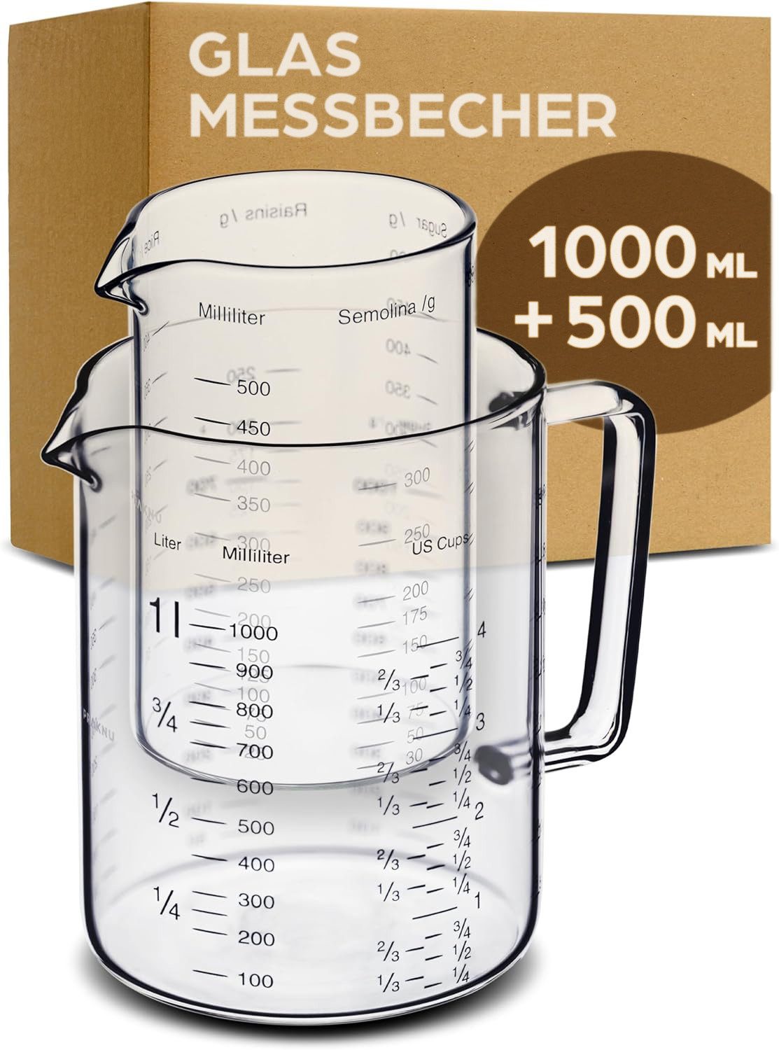 Praknu Messbecher Messbecher Set Glas 500/1000ml, Borosilikatglas, (Set)