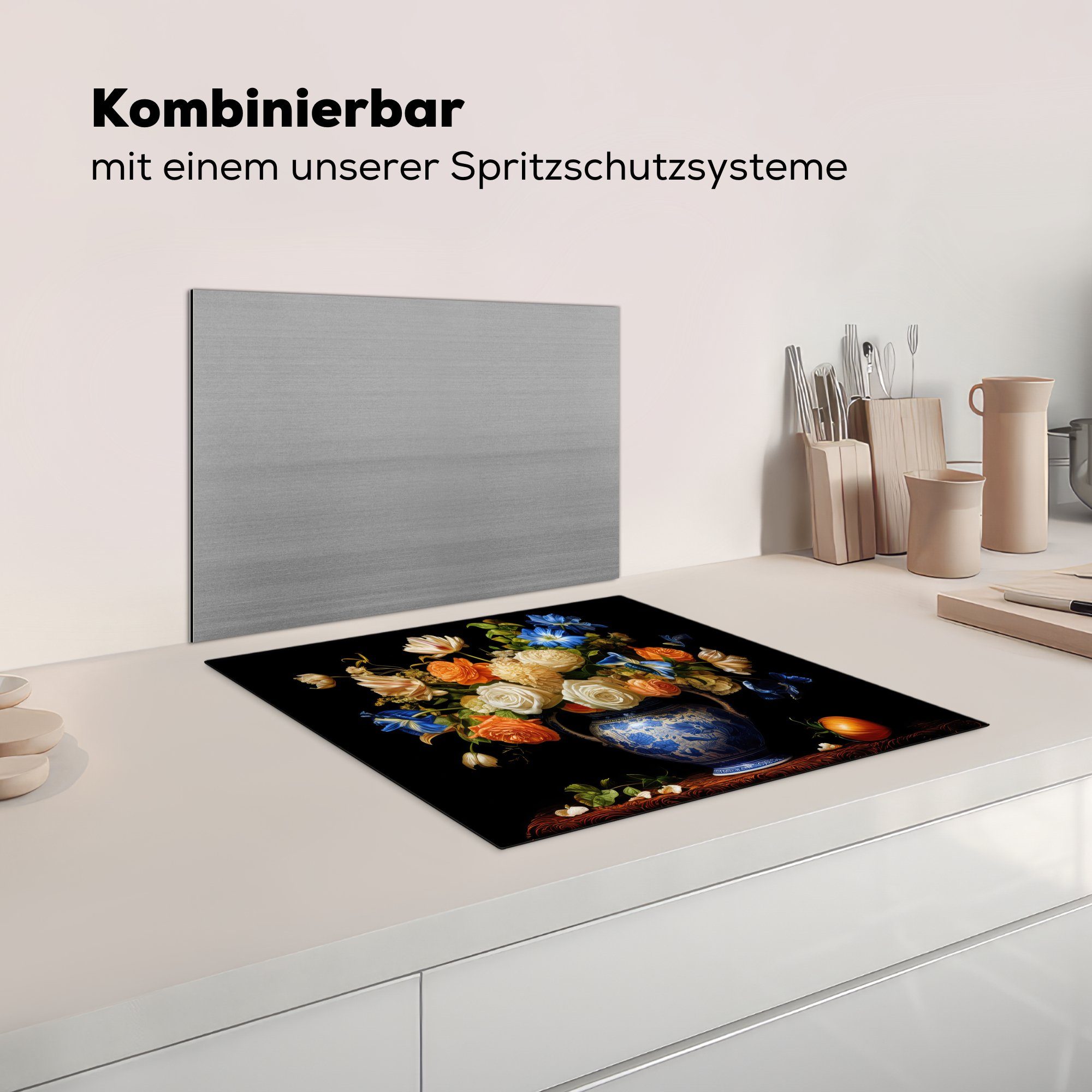 Vinyl, Herdblende-/Abdeckplatte cm, Arbeitsfläche - (1 - tlg), 60x52 Mobile Orange, Vase - Blumen MuchoWow Niederländisch Ceranfeldabdeckung nutzbar, - Stilleben