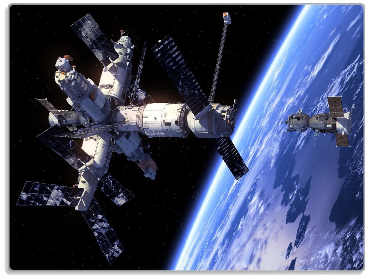 Wallario Schneidebrett Raumfahrt - Raumstation und Raumschiff im Weltall, ESG-Sicherheitsglas, (inkl. rutschfester Gummifüße 4mm, 1-St), 30x40cm | Schneidebretter
