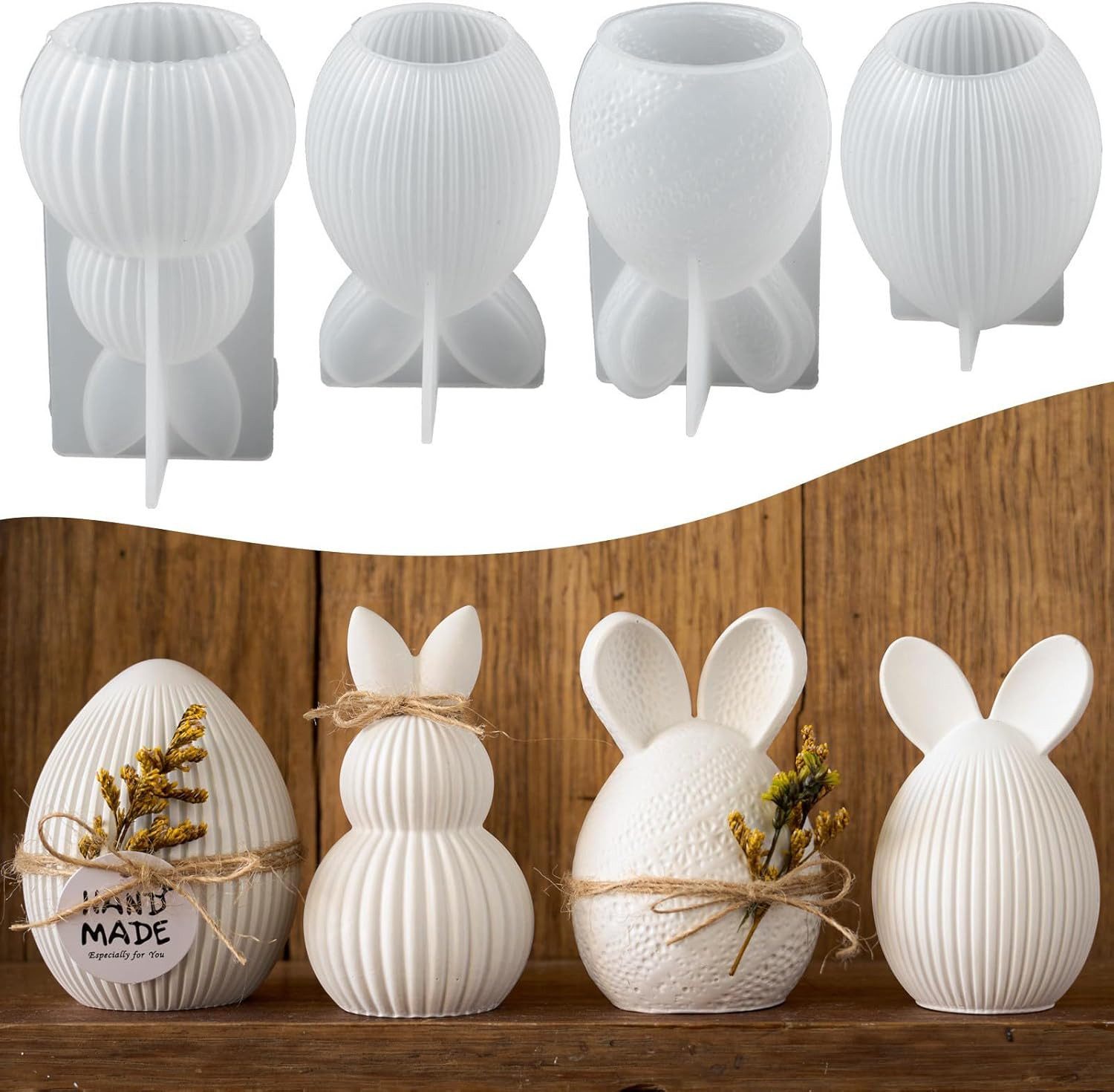 FOUORTUNATE-BEE Silikonform 4 Stück Silikonformen Gießformen Ostern Silikonform, (Osterhase Kerzen Kaninchen Osterei Gießformen Silikon 4-tlg), für Gips und Sojawachs Gießen