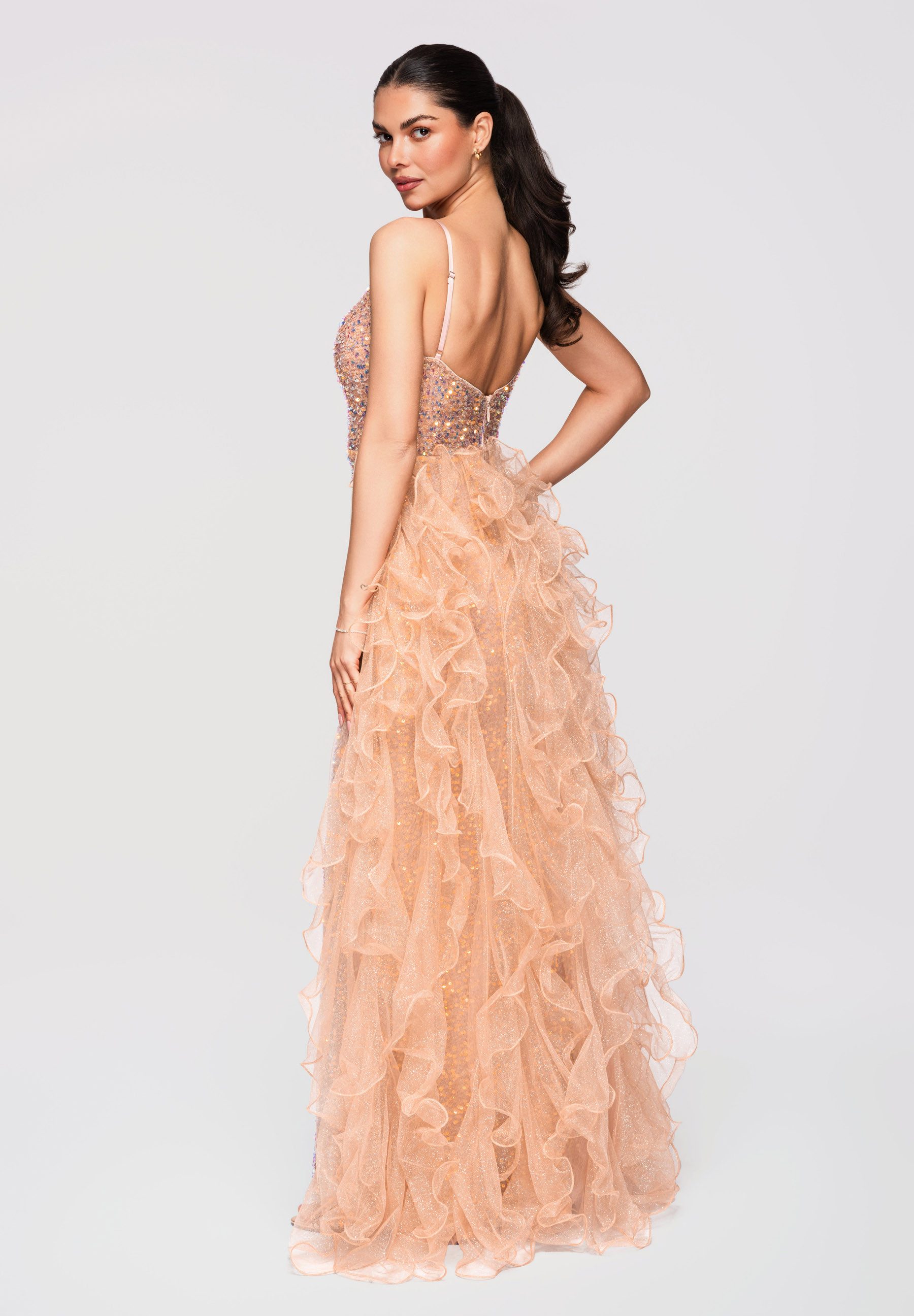 OMBRE Abendkleid Maxikleid Pailletten Meerjungfrau Abendmode Beige M (kein Set, 1-tlg) Paillettenapplikation, Tüllrüschen