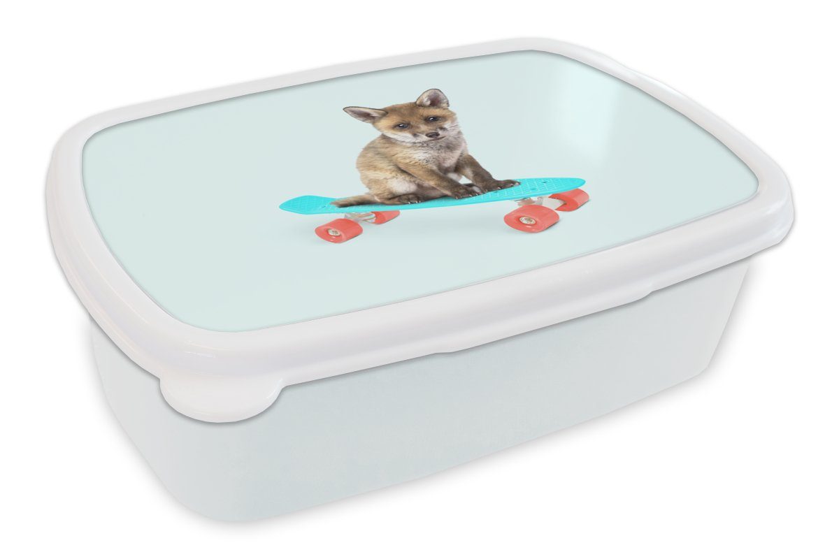 MuchoWow Lunchbox Fuchs - Tiere - Skateboard - Blau, Kunststoff, (2-tlg), Brotbox für Kinder und Erwachsene, Brotdose, für Jungs und Mädchen weiß