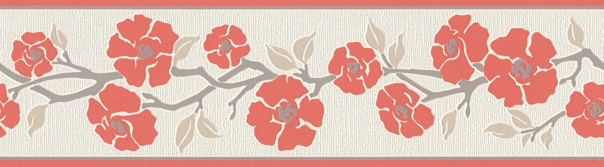 A.S. Création Bordüre Only Borders 11, strukturiert, floral, geblümt, natürlich, Blumen Tapete Bordüre Blumen grau/rot