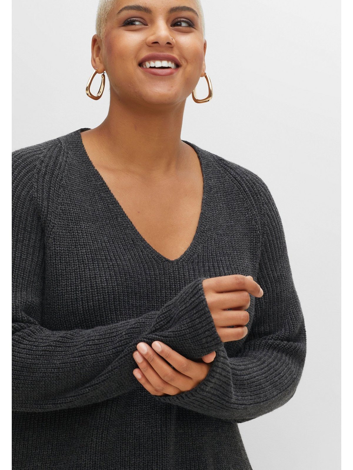 Sheego V-Ausschnitt-Pullover Große schwarz leichter Kaschmir, meliert mit Größen A-Linie in