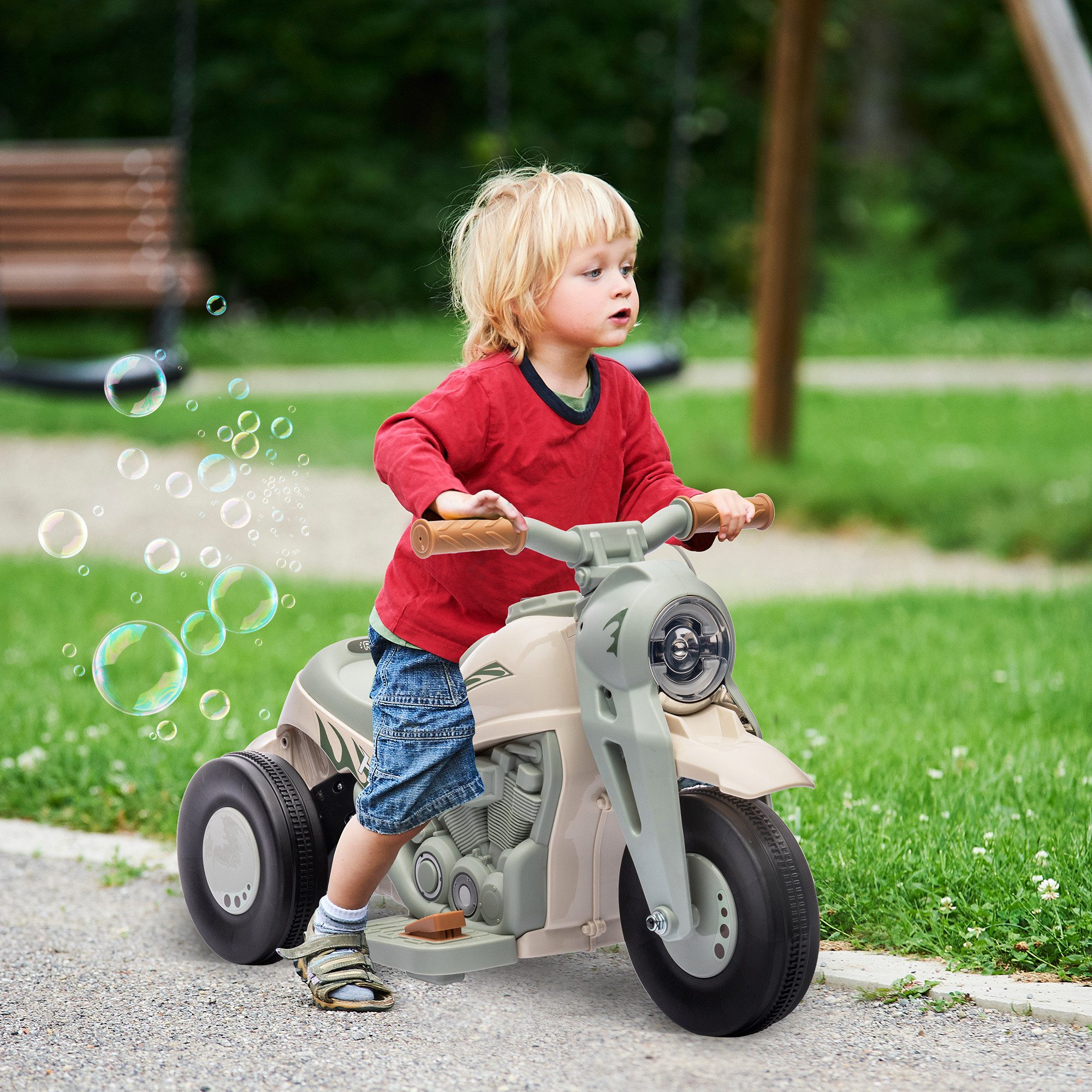 AIYAPLAY Elektro-Kindermotorrad 6V Dreirad mit Seifenblasenmaschine, Musik, Elektro Motorrad, Belastbarkeit 30 kg, (1-tlg), 2,5-3 km,h, für 2-5 Jahre Kinder, max. 30 kg, Cremeweiß