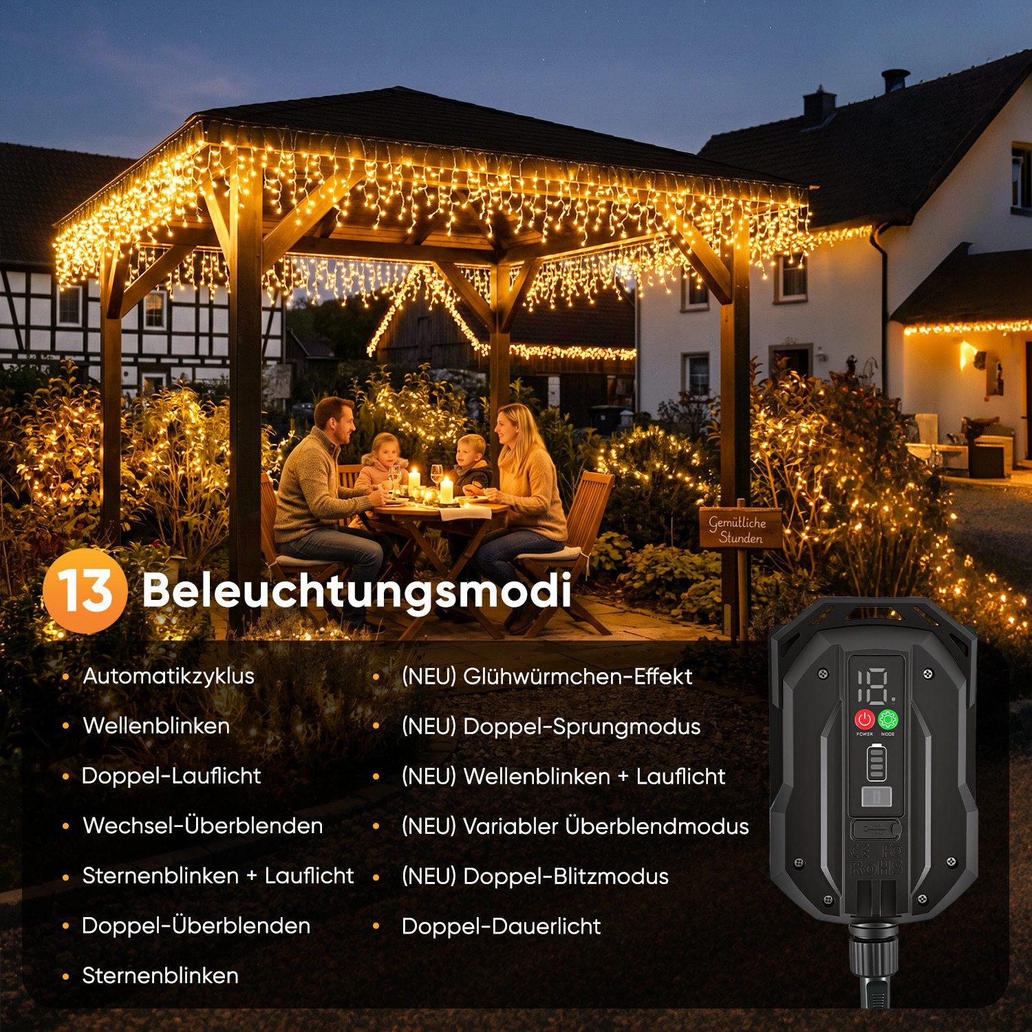 Salcar LED Solarleuchte LED-Lichtervorhang LED Lichterkette Solar Eisregen Lichtervorhang, 15,6m 480 LED Lichtervorhang Aussen 13 Modi Warmweiß mit Fernbedienun – Bild 4 von 5