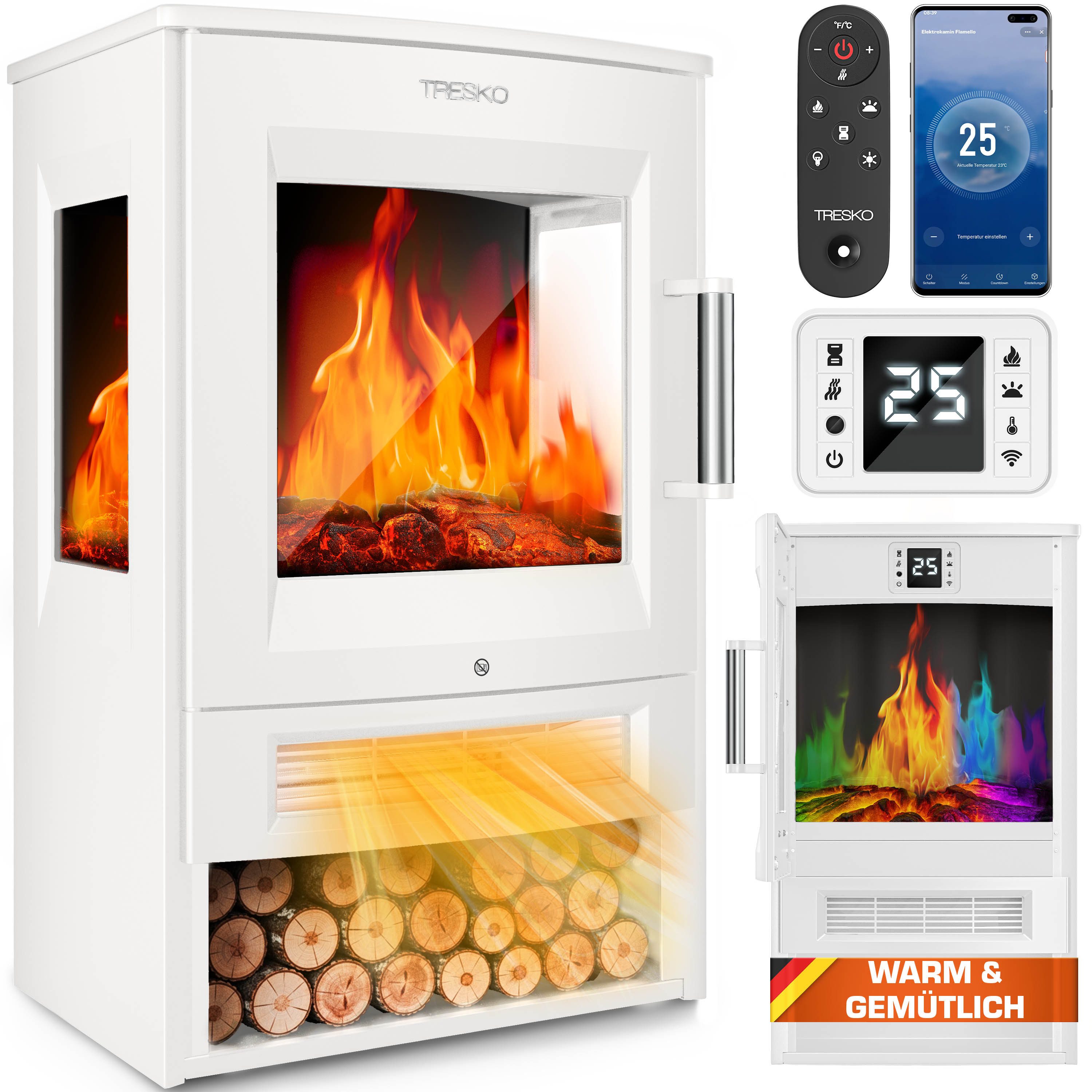 TRESKO Elektrokamin mit Heizung 1800W inkl. Fernbedienung & WiFi App Kaminf günstig online kaufen