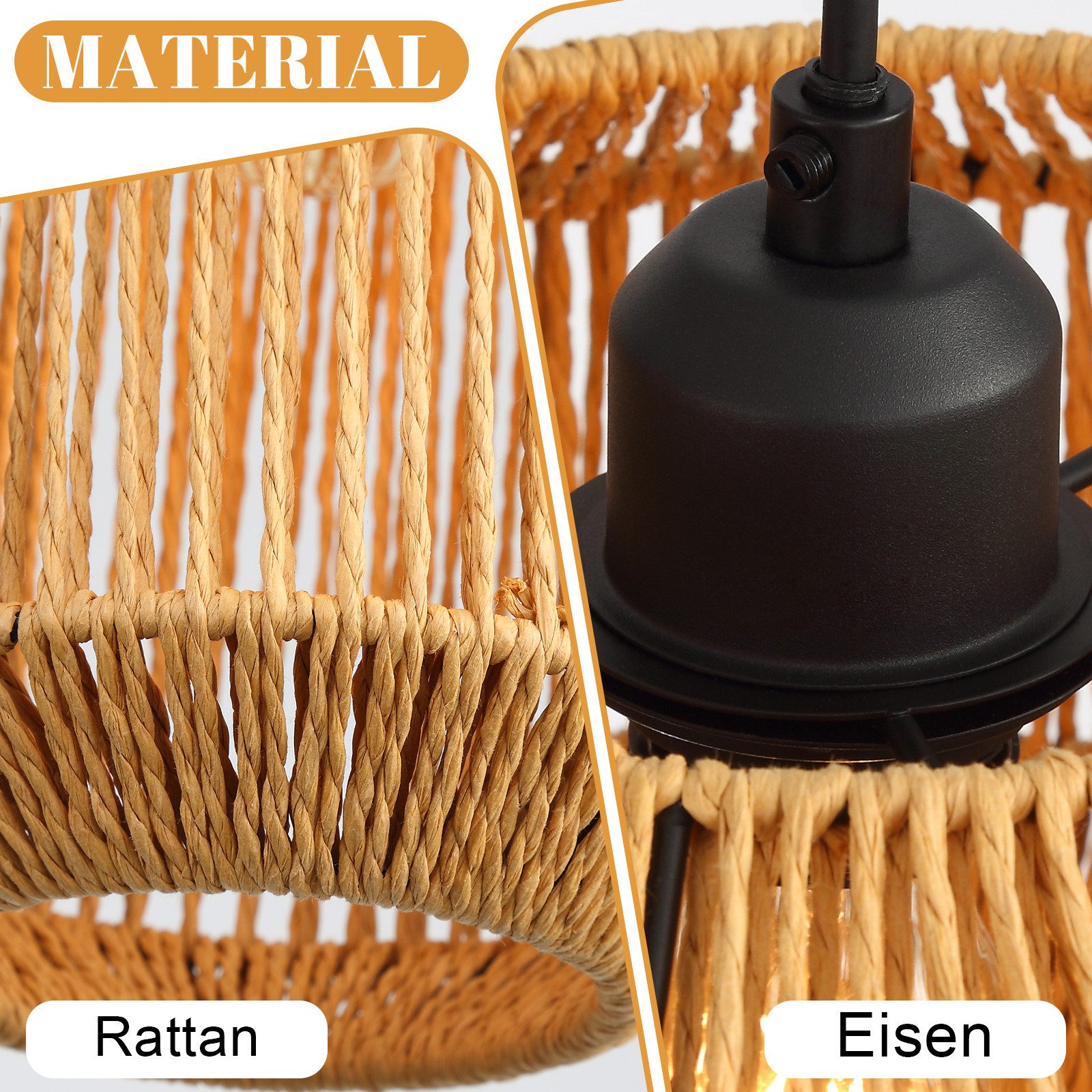 Nettlife Pendelleuchte Rattan Hängeleuchte 3 flammig Boho E27 für Esszimmer Wohnzimmer, Ohne Leuchtmittel, für Esstisch Esszimmer Schlafzimmer Wohnzimmer – Bild 4 von 5
