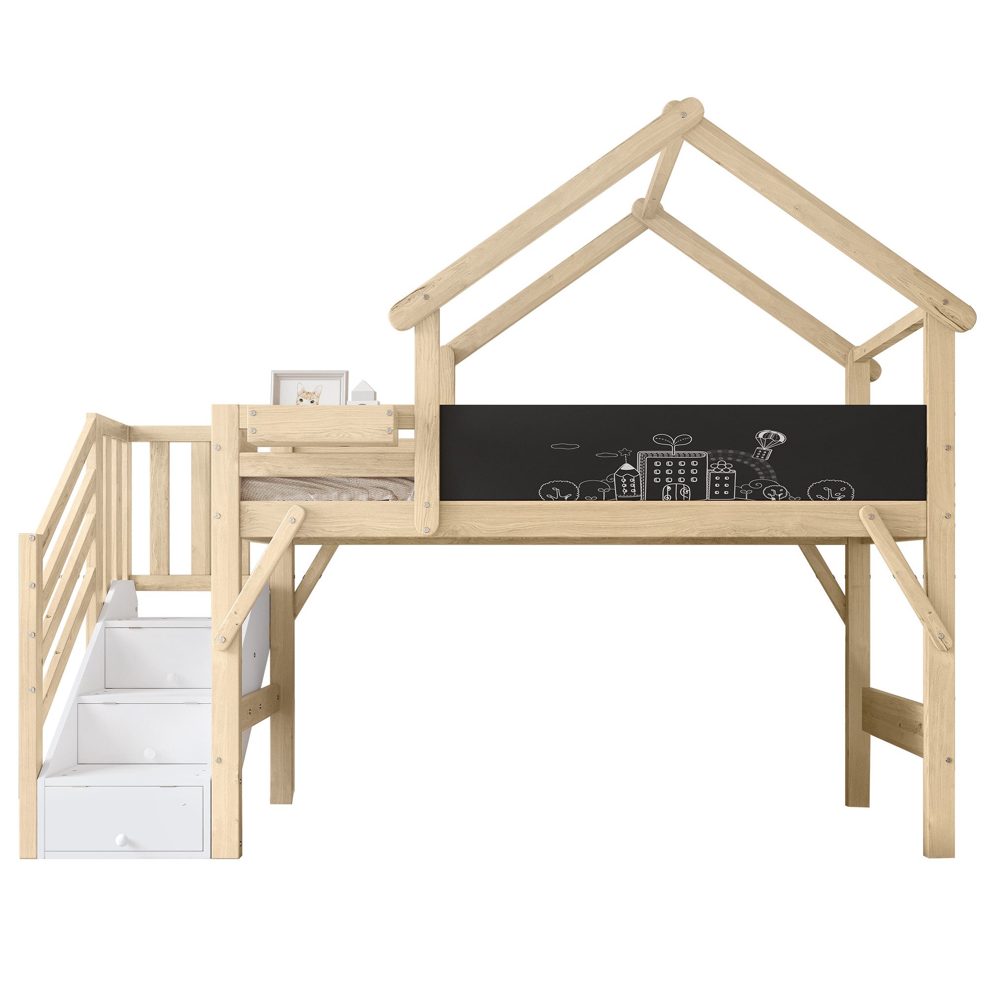 Hochbett Kinderbett mit Dachdesign, Sicherheitsgittern, 3 Schließfächern