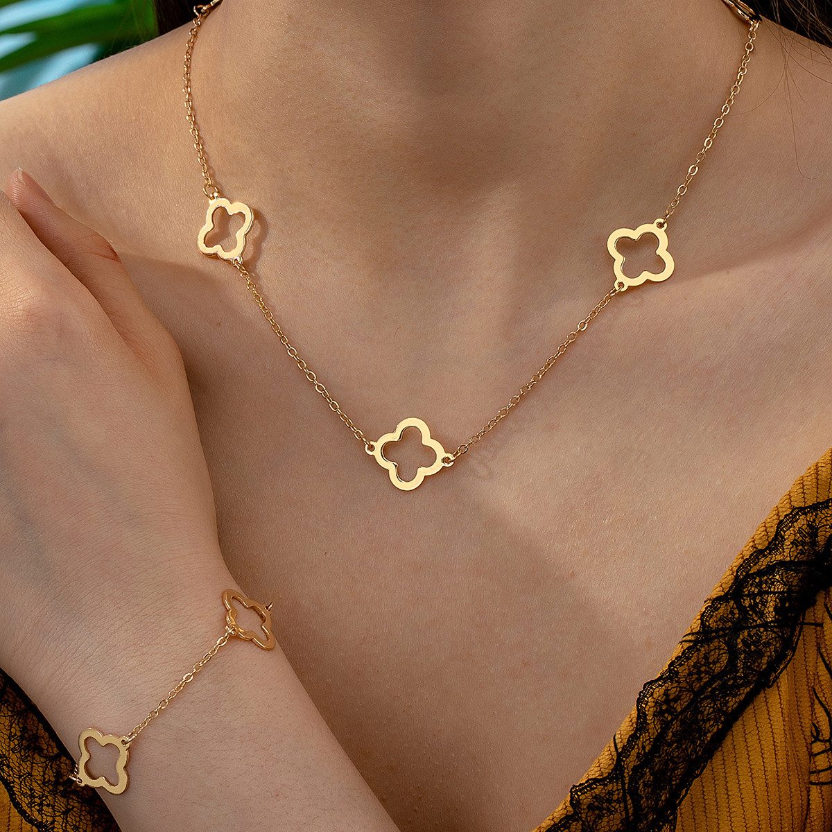 KARMA Schmuckset Gold Halskette Armband Kleeblätter (Armschmuck goldener Sc günstig online kaufen
